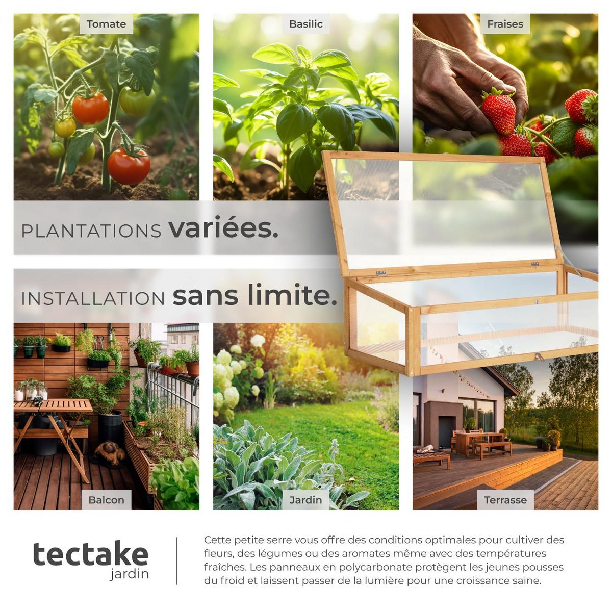 tectake Serre châssis de jardin pour carré potager en bois de pin imprégné marron