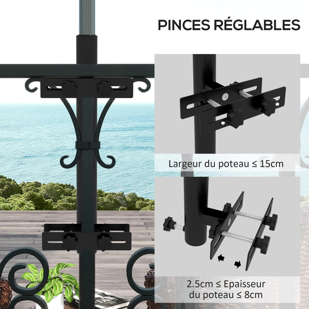 OUTSUNNY Fixation de parasol pour balcon pinces réglables garde-corps métal noir