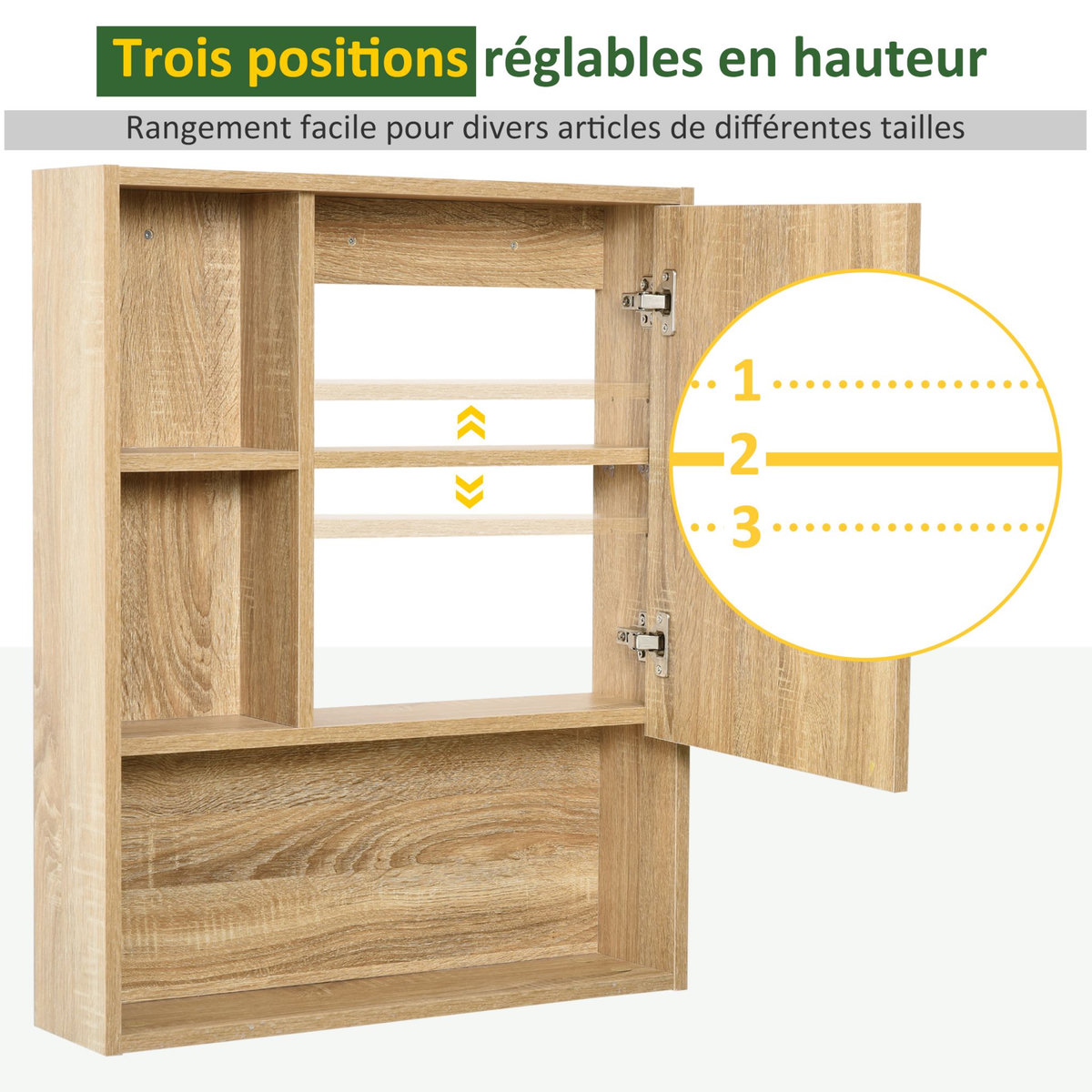 HOMCOM Armoire murale de rangement salle de bain avec porte miroir couleur bois de chêne dim. 60L x 15l x H76 cm