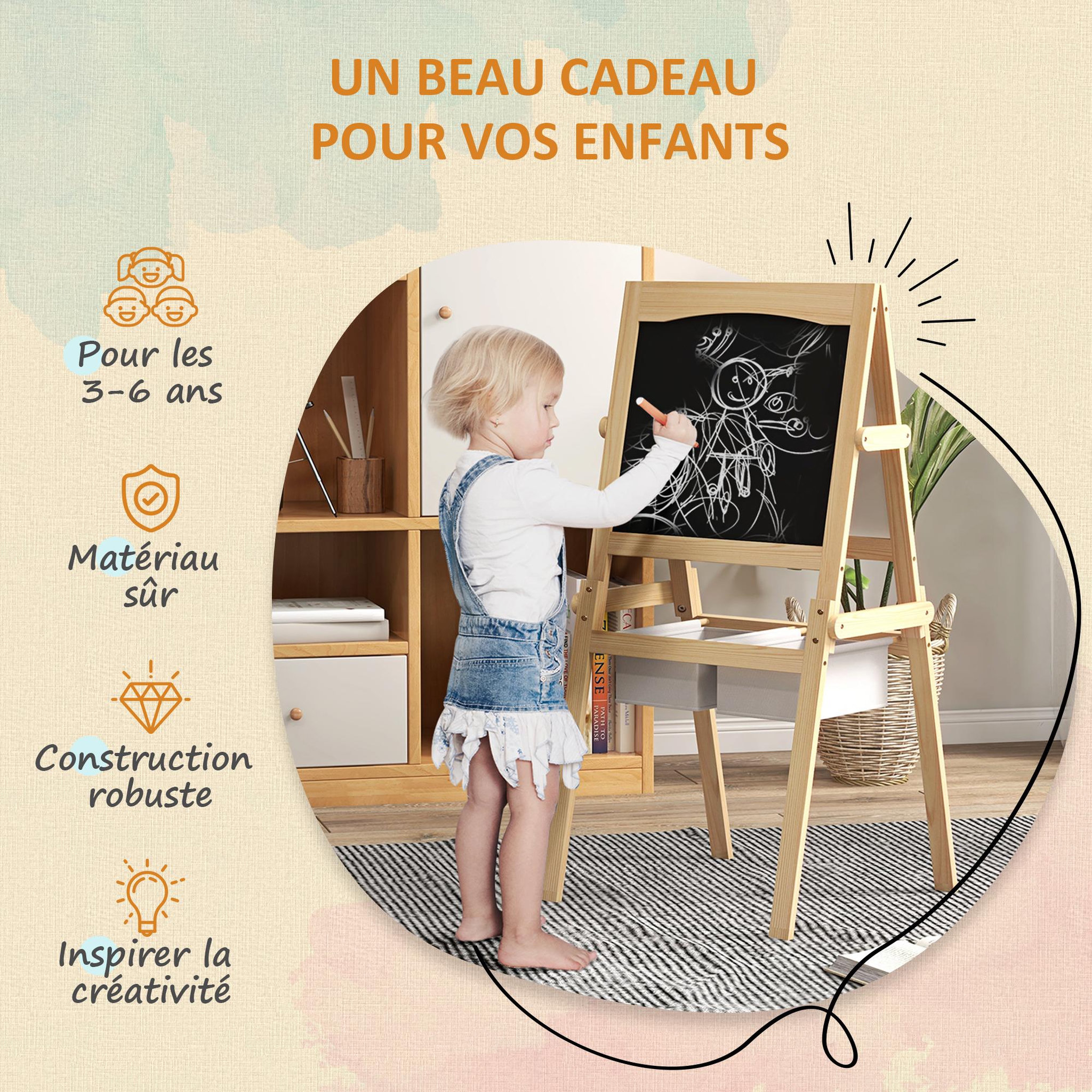 Voir la diapositive 6 : HOMCOM Tableau enfant - chevalet enfant - ardoise double face - tableau blanc tableau à craie - rouleau papier, 2 paniers rangement - MDF pin