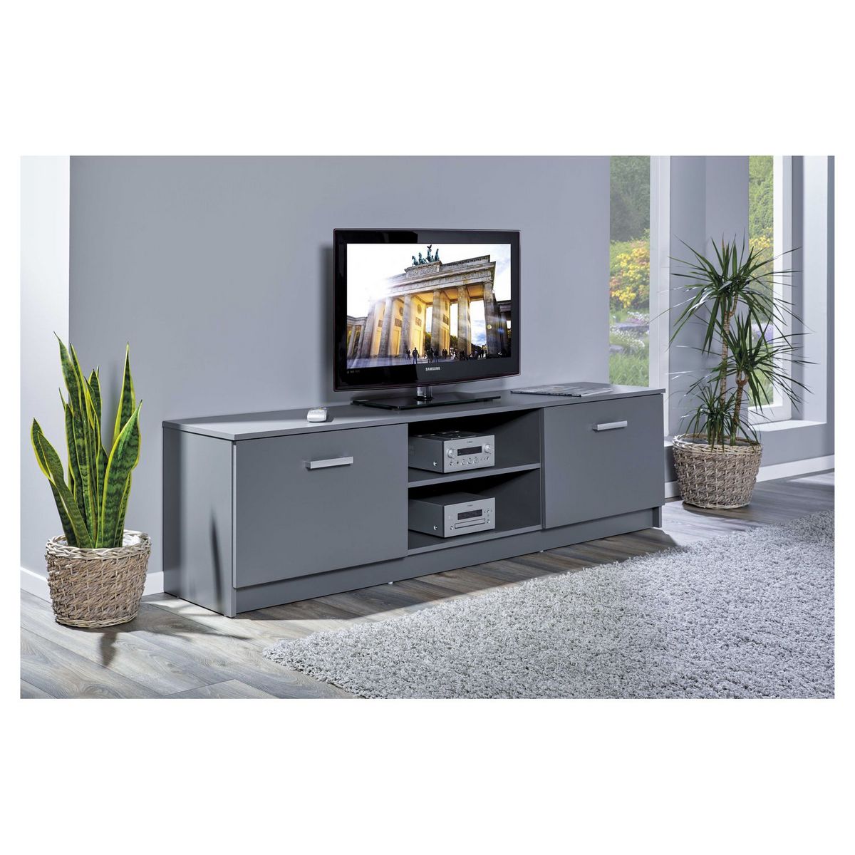 Meuble TV 2 portes 2 niches de rangement L180 cm ZIO