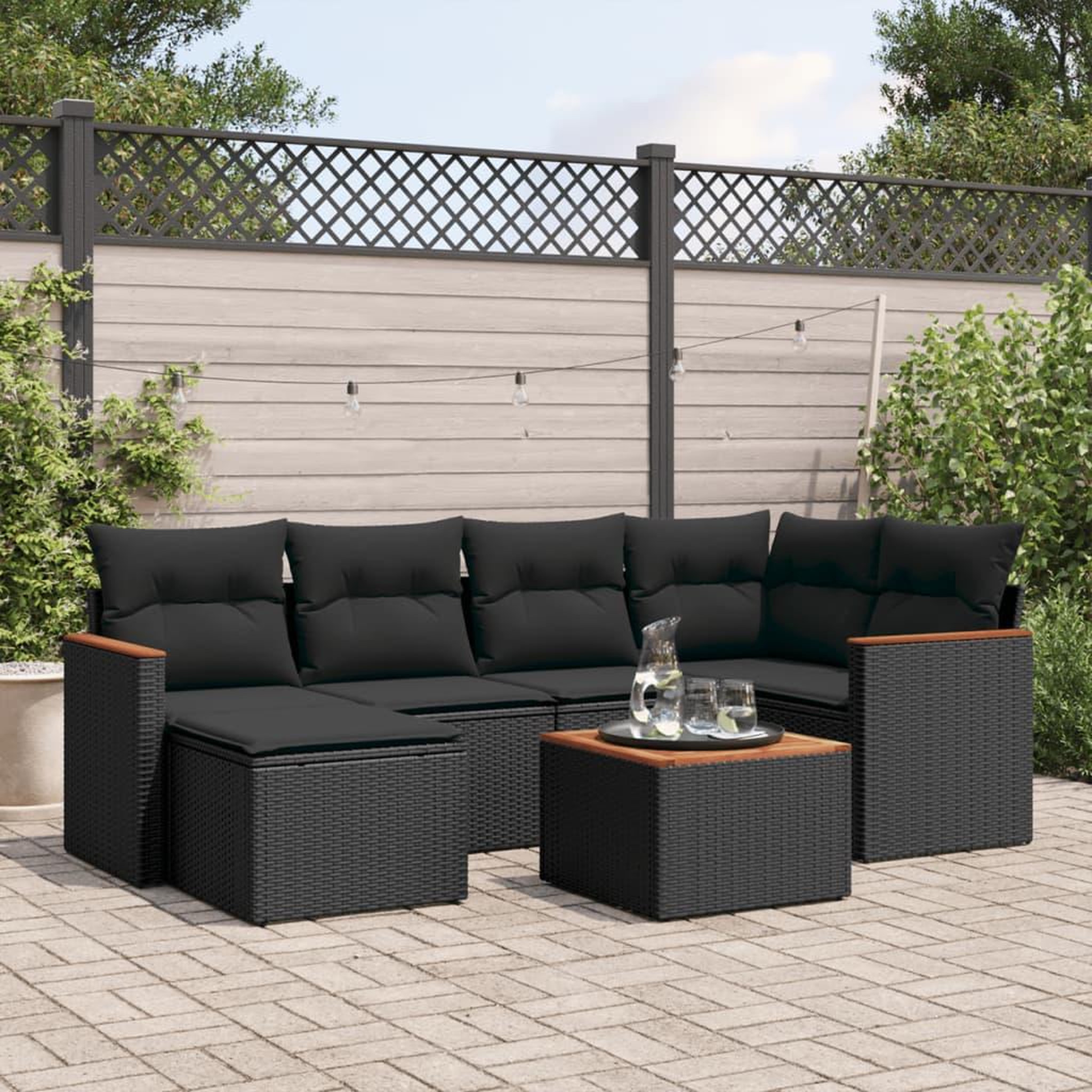 VIDAXL Salon de jardin 7 pcs avec coussins noir resine tressee