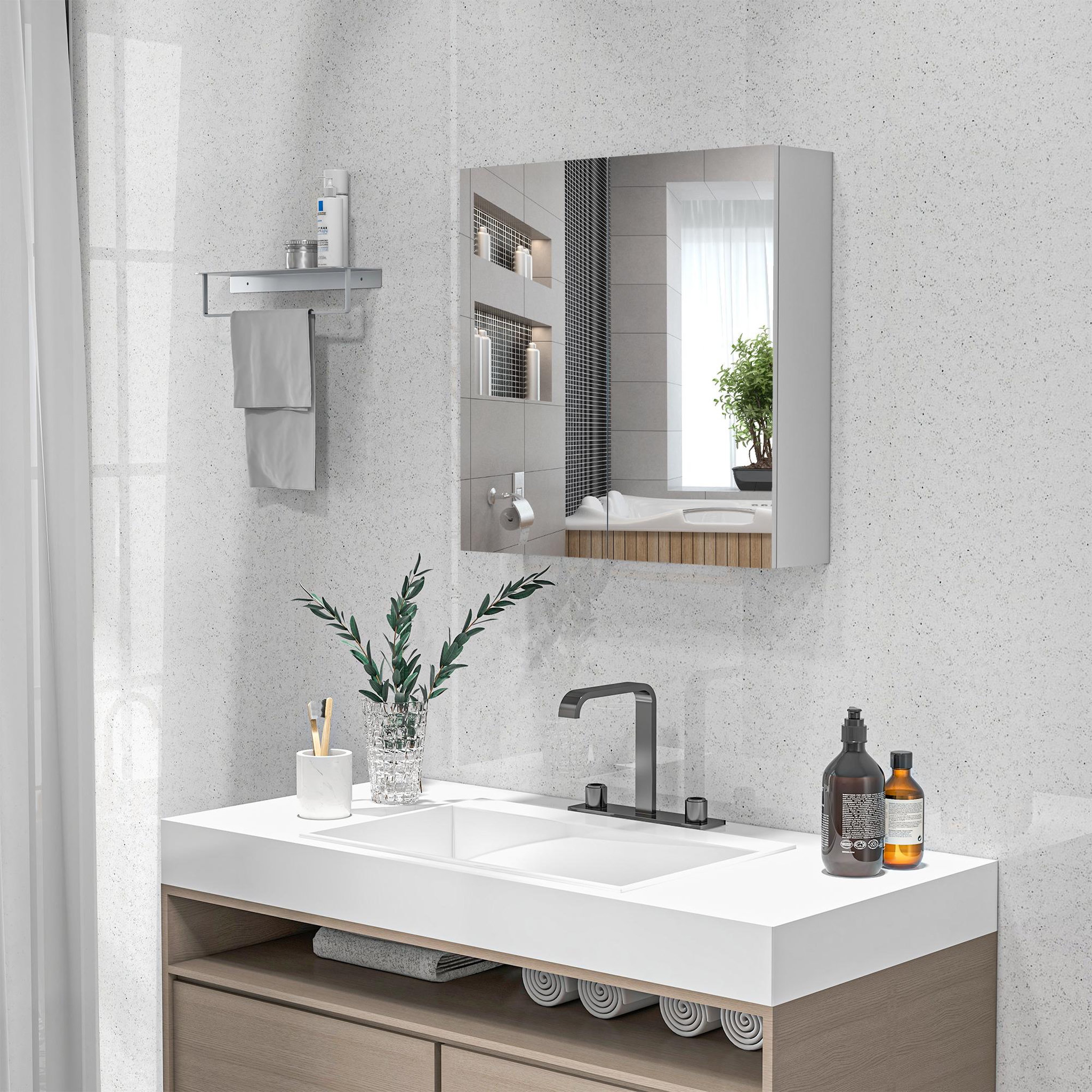 Voir la diapositive 4 : KLEANKIN Armoire miroir de salle de bain armoire murale double portes et étagères dim. 60l x 15l x 60h cm mdf blanc