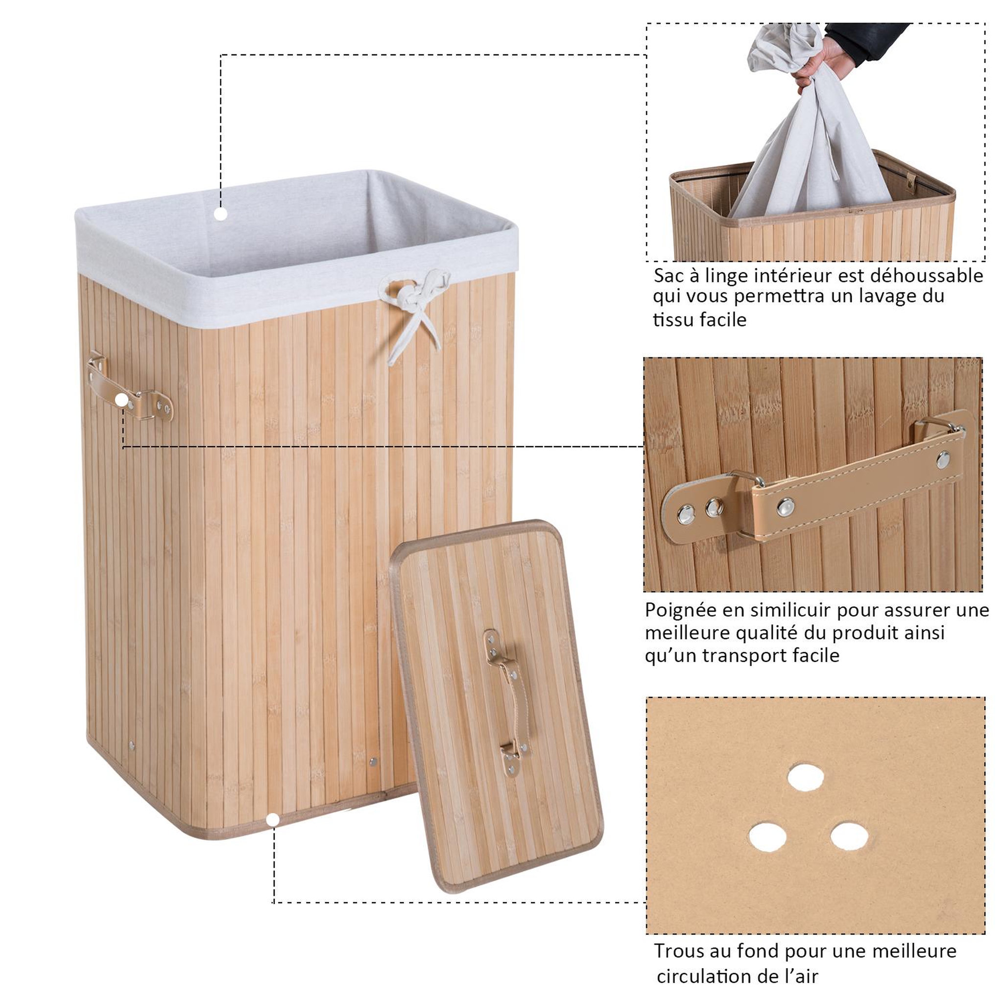 Voir la diapositive 4 : HOMCOM Panier à linge corbeille à linge bac à linge bambou pliable couvercle sac amovible 3 poignées pu 40l x 30l x 60h cm beige