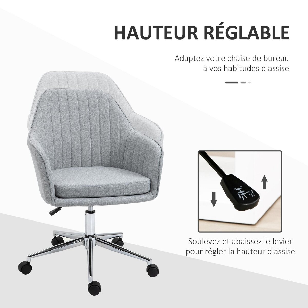 HOMCOM HOMCOM Chaise de bureau design contemporain dossier accoudoirs striés hauteur réglable pivotant 360° piètement chromé lin gris clair