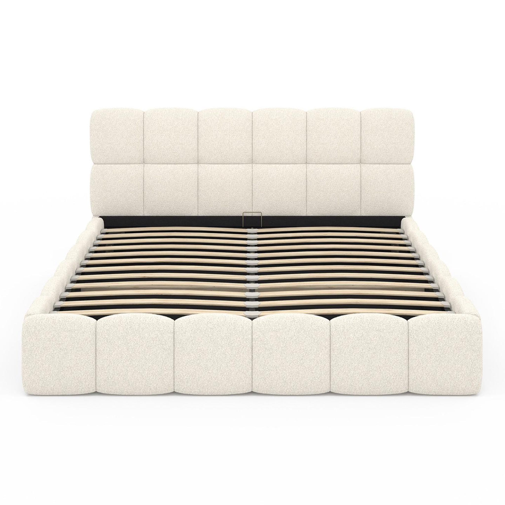 Voir la diapositive 3 : ID MARKET Lit coffre double nuage avec tête de lit matelassée et sommier 160 x 200 cm tissu bouclette blanc