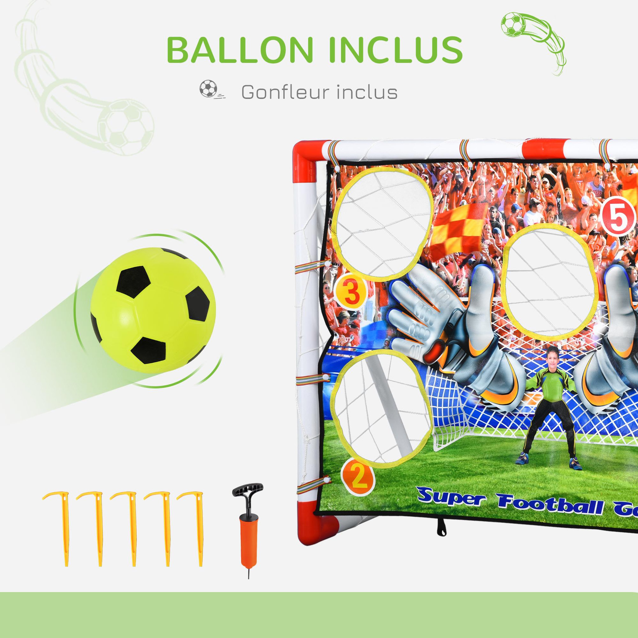 Voir la diapositive 6 : HOMCOM Cage de foot but d'entrainement 2 en 1 but de football futsal mur de tir amovible avec 5 cibles dim. 116L x 48l x 76H cm balle et gonfleur inclus