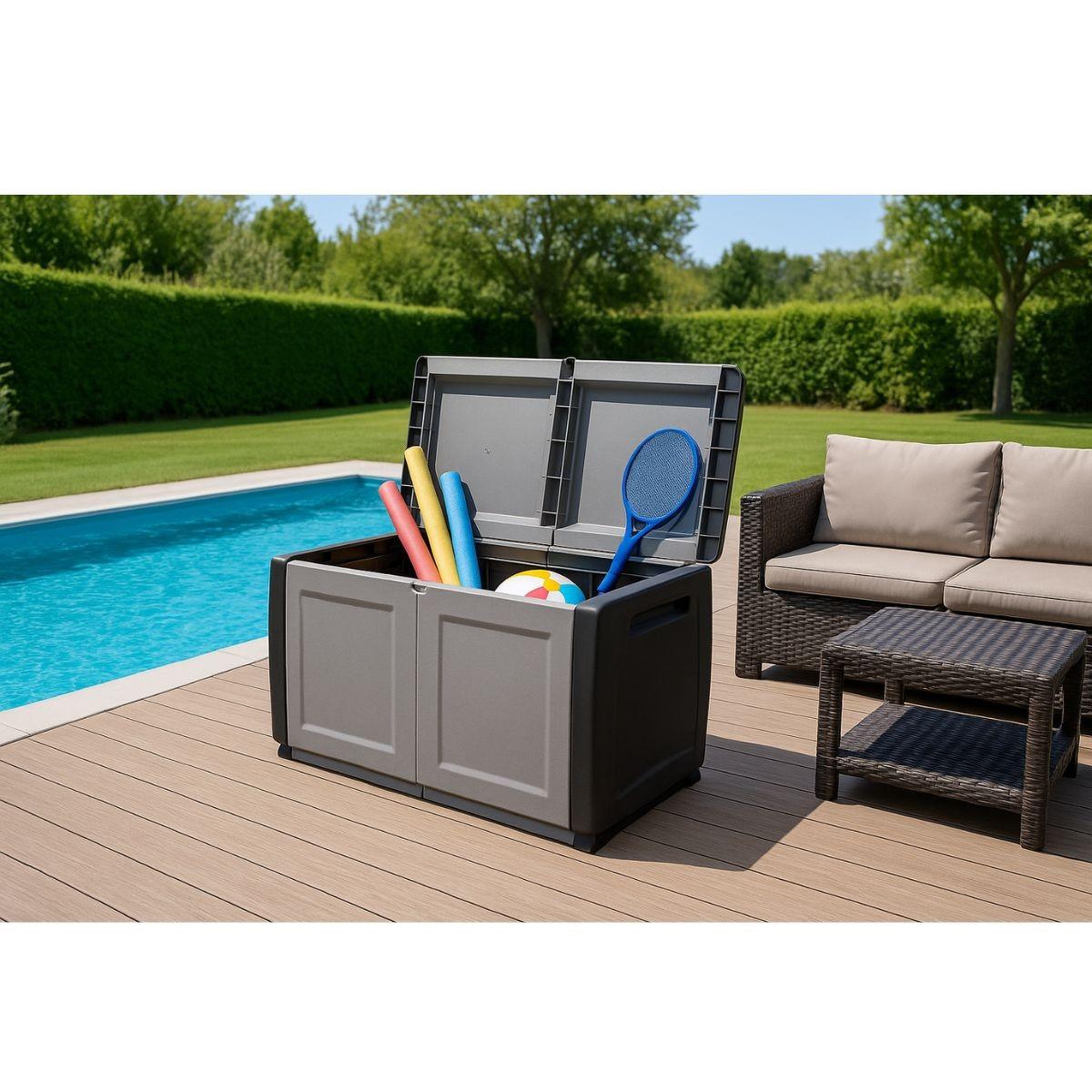 Voir la diapositive 5 : INTEC Coffre de rangement 230L Coffre de Jardin Gris/Noir 96 x 53 x H57cm Poignées de transport polypropylène INTEC