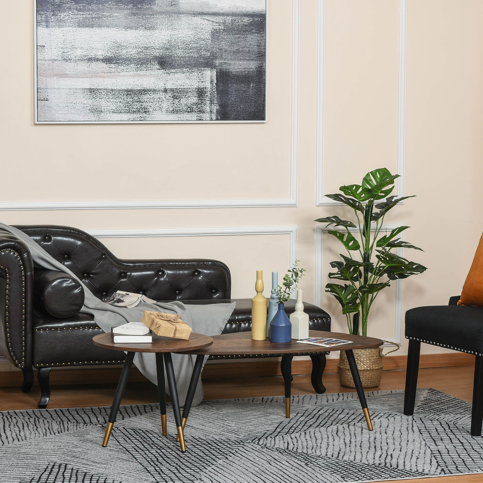 Voir la diapositive 3 : HOMCOM Lot de 2 tables basses gigognes style art déco pieds effilés inclinés métal noir extrémités doré plateaux MDF aspect teck foncé