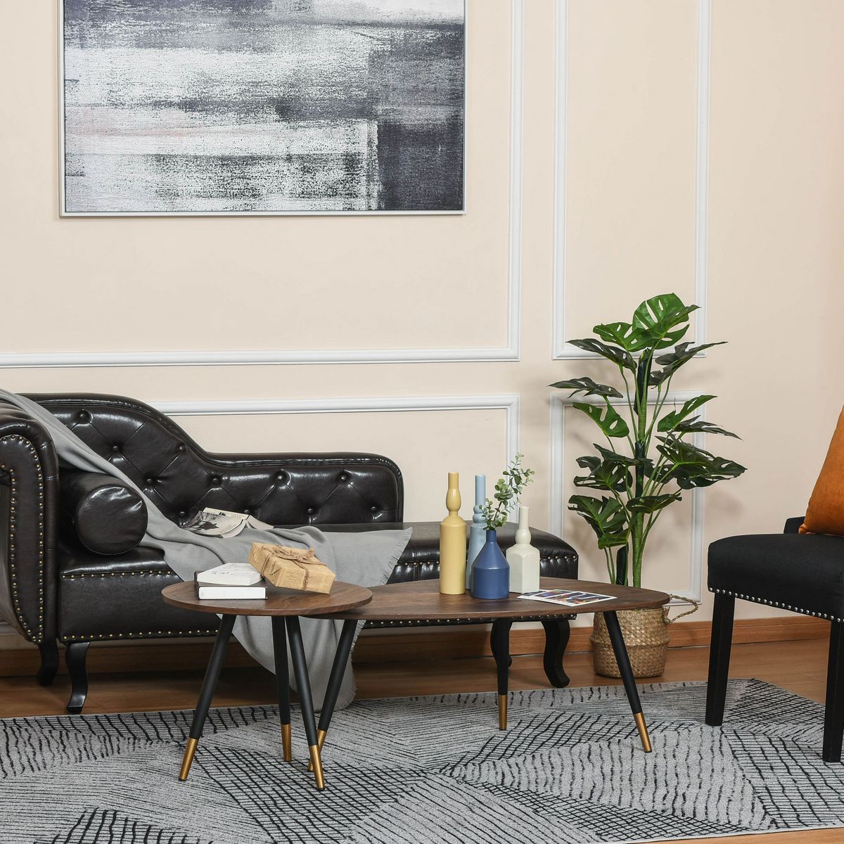 HOMCOM Lot de 2 tables basses gigognes style art déco pieds effilés inclinés métal noir extrémités doré plateaux MDF aspect teck foncé