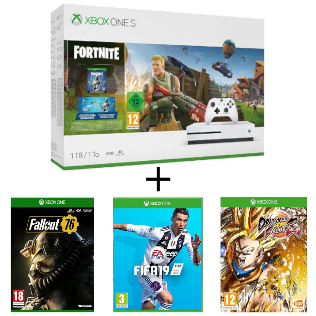 Console Xbox One S Fortnite + FIFA 19 + Fallout 76 + Dragon Ball FighterZ