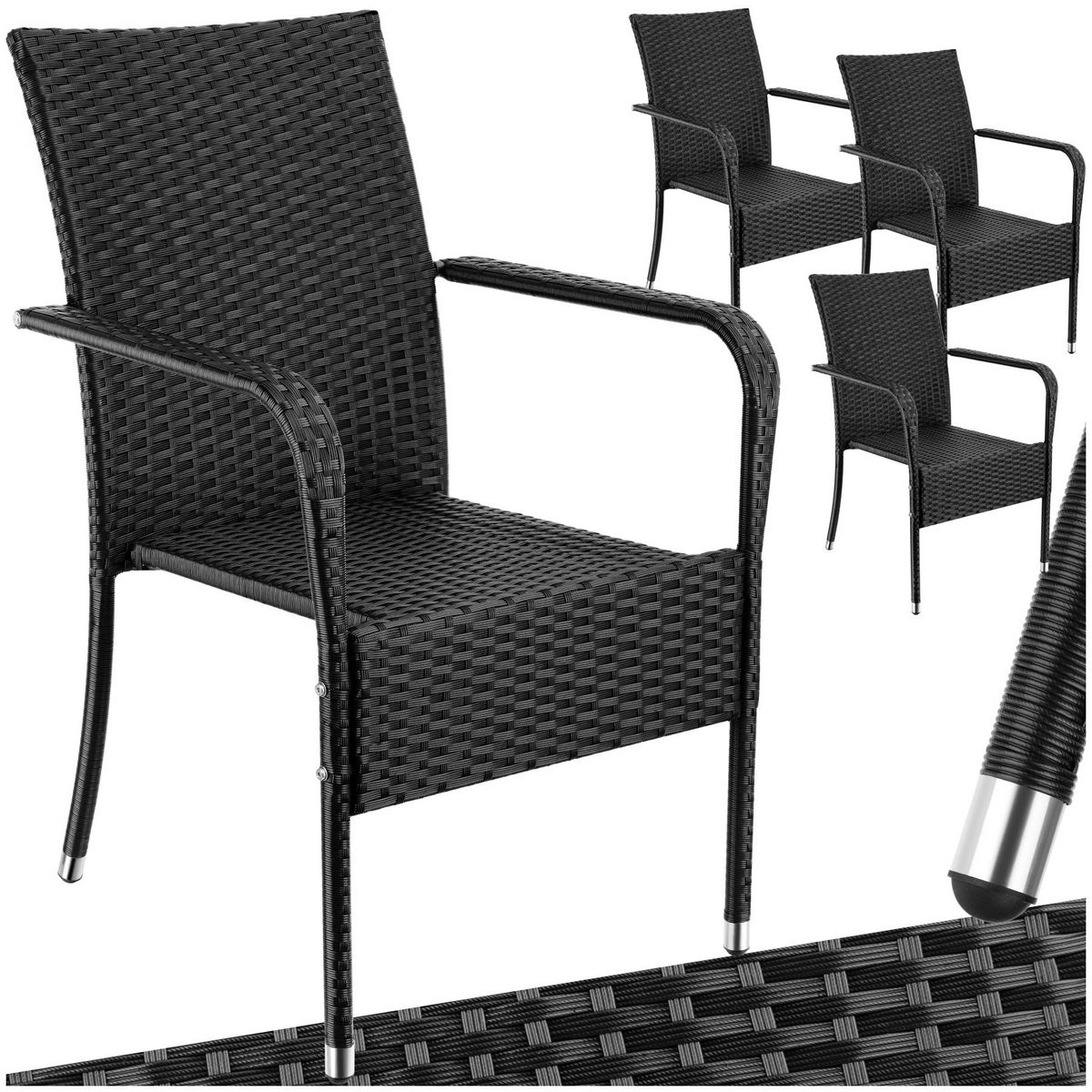 tectake Chaise en résine tressée résistante et durable noir 4 pièces