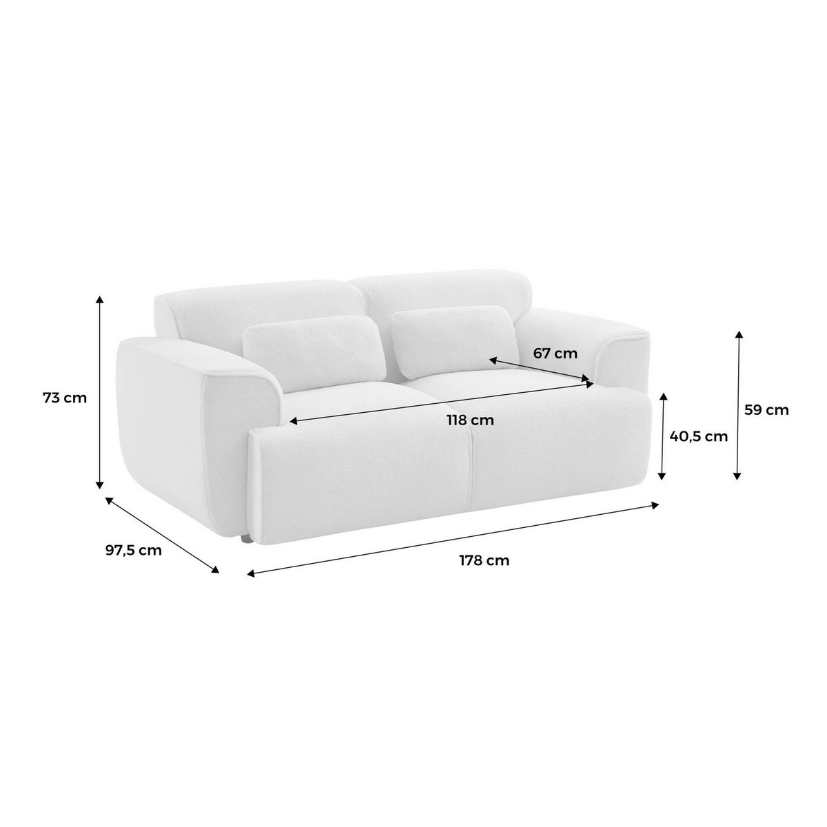 SWEEEK Canapé 2 places. tissu bouclette. 2 coussins déhoussables. Wallas  L 178 x P 97.5 x H 73cm