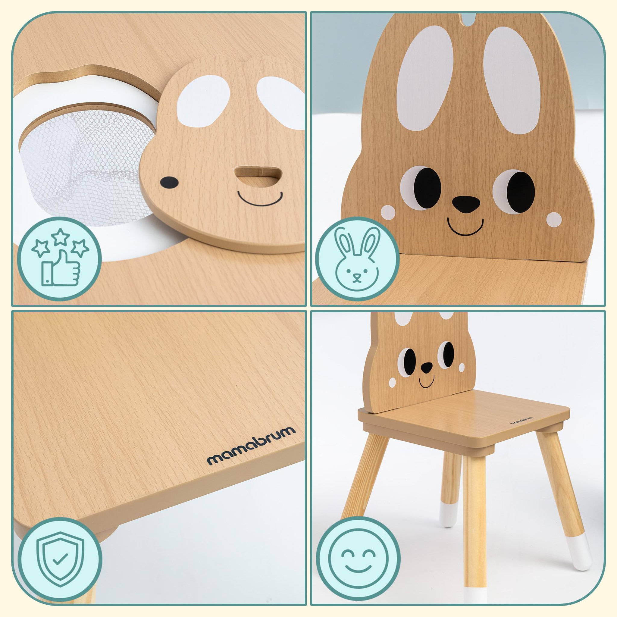 Voir la diapositive 5 : MAMABRUM Table Enfant Bois avec Rangement + 2 Chaises Lapin – Bureau Enfant avec Coffre Jouets