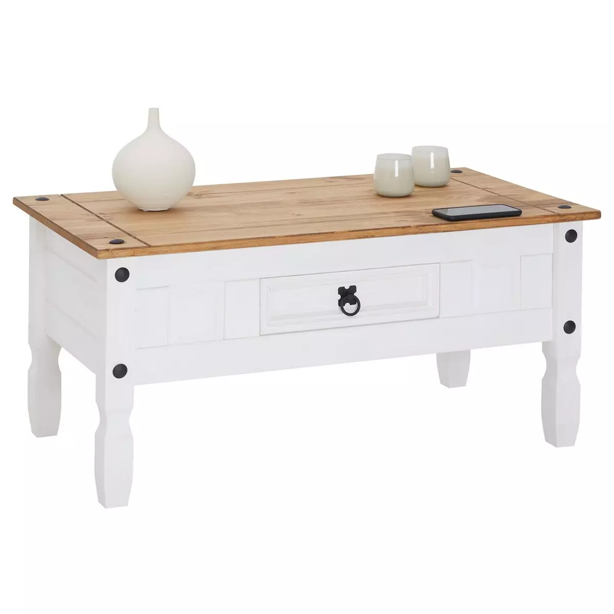 IDIMEX Table basse CAMPO table d'appoint rectangulaire en pin massif blanc et brun avec 1 tiroir, meuble de salon style mexicain en bois