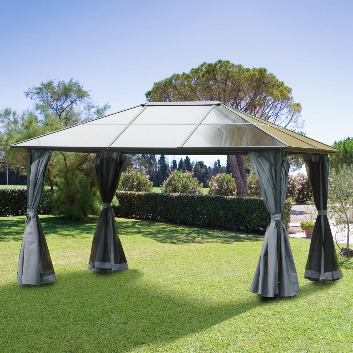 OUTSUNNY Pavillon de jardin tonnelle rigide dim. 4L x 3l x 2,65H m 4 parois latérales anti-UV gris 4 moustiquaires zippées alu. métal polycarbonate noir brun