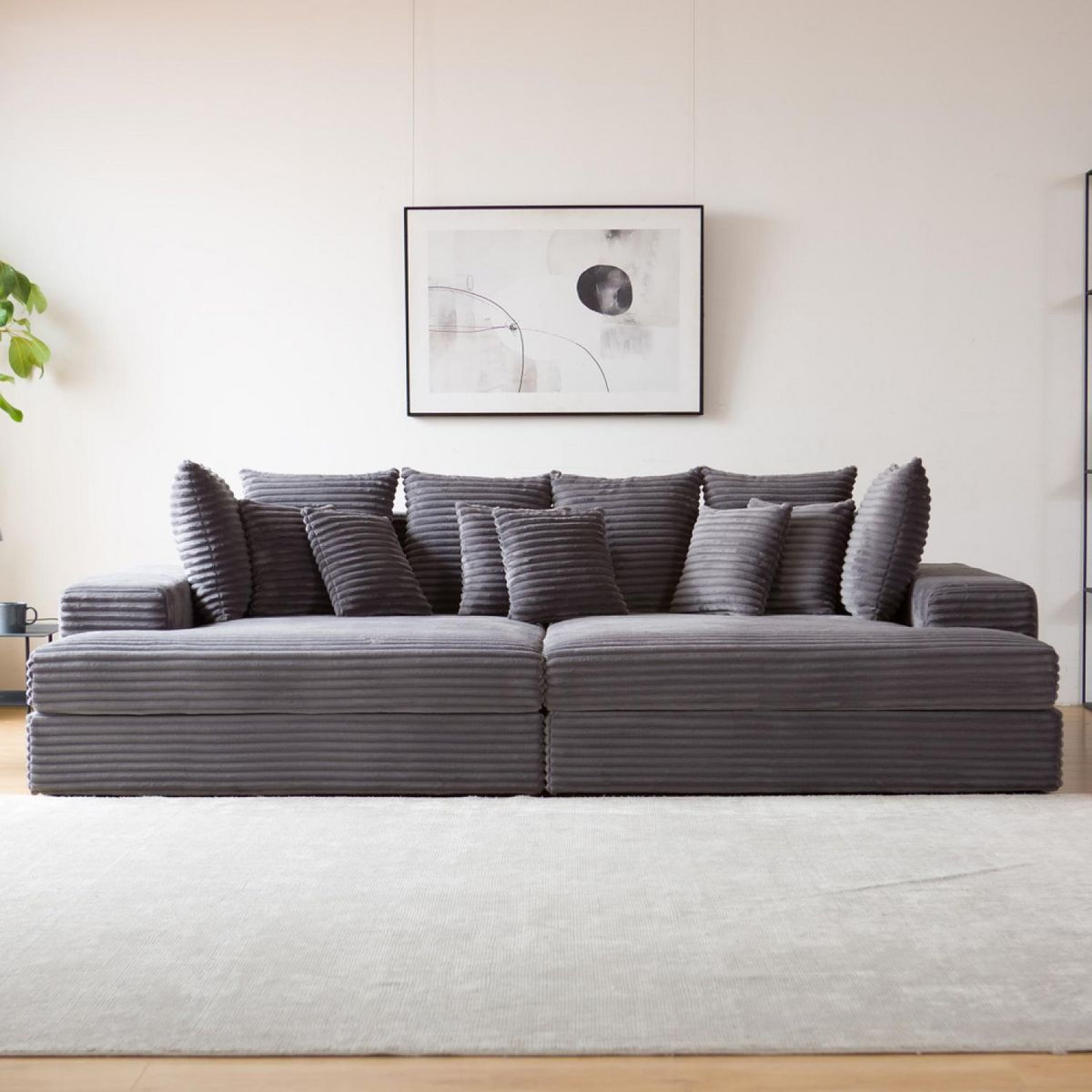 CONCEPT USINE Canapé 4 places assise profonde en velours côtelé gris anthracite CARDIFF