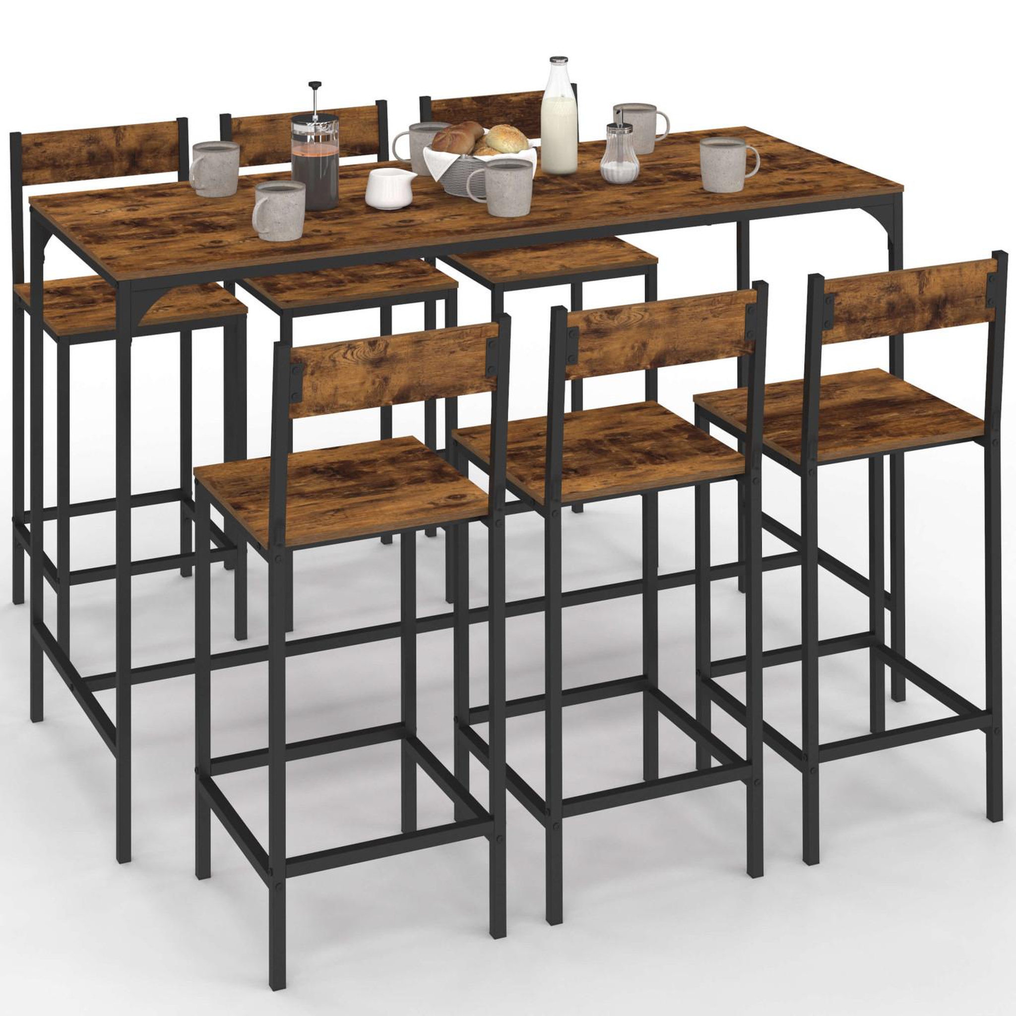 ID MARKET Ensemble table haute de bar dayton 150 cm et 6 tabourets avec dossier effet vieilli design industriel