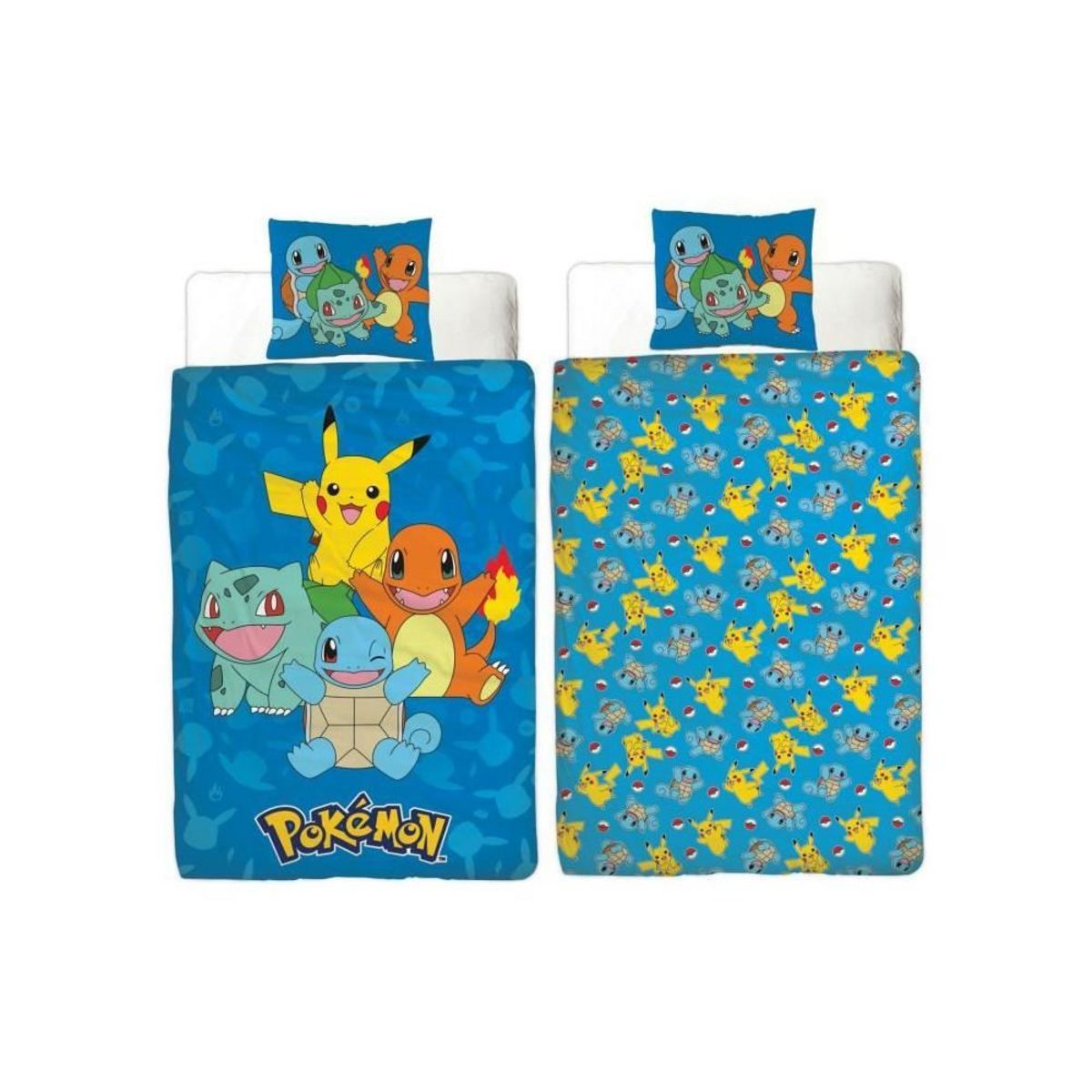 Pokemon Parure de lit réversible - POKEMON - Pikachu et Starter 1G II - Microfibre - 1 housse de couette 140 x 200 cm + 1 taie 63 x 63