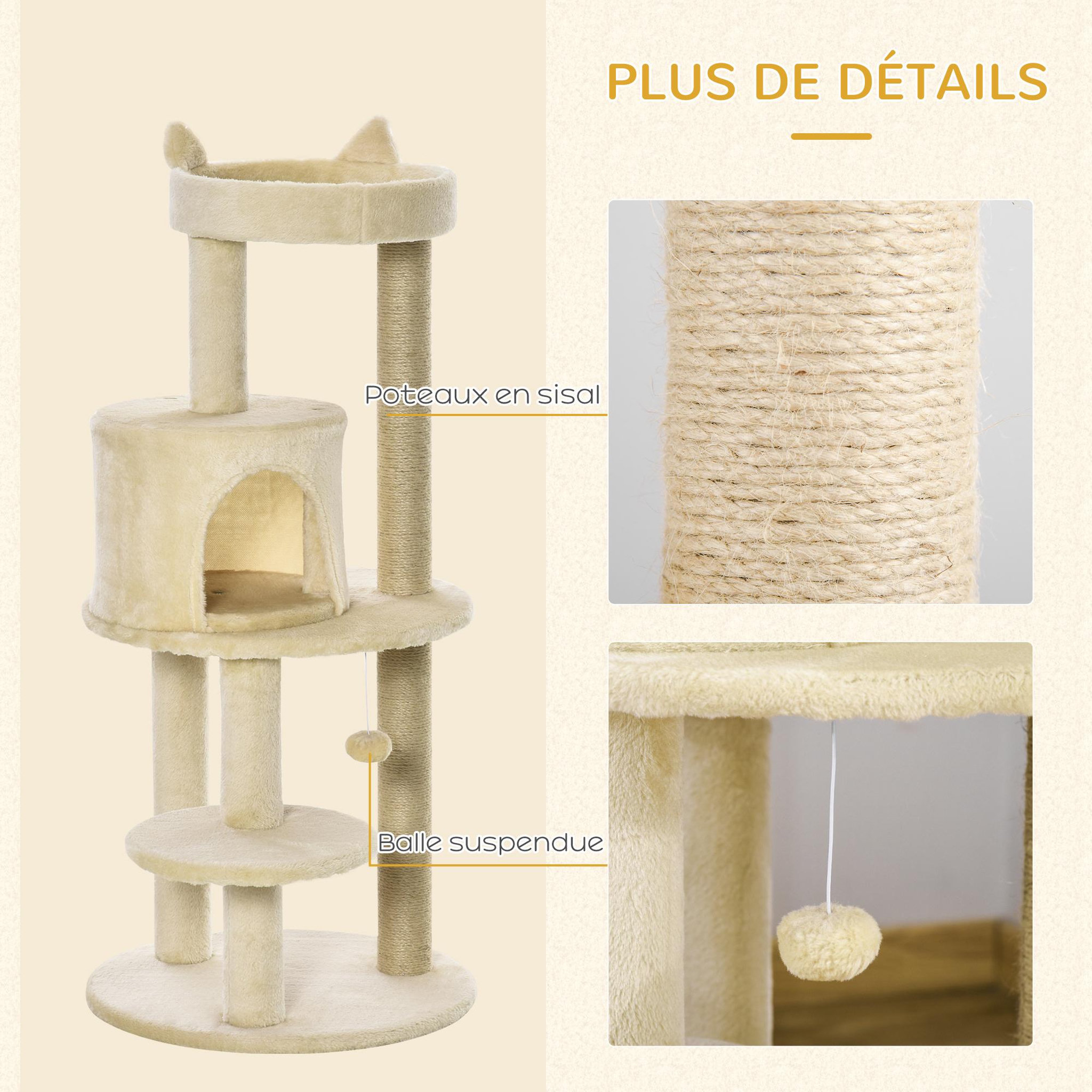 Voir la diapositive 6 : PAWHUT Arbre à chats multi-équipements griffoirs grattoirs plateformes niche jeu boule suspendue ø 48 x 104h cm beige