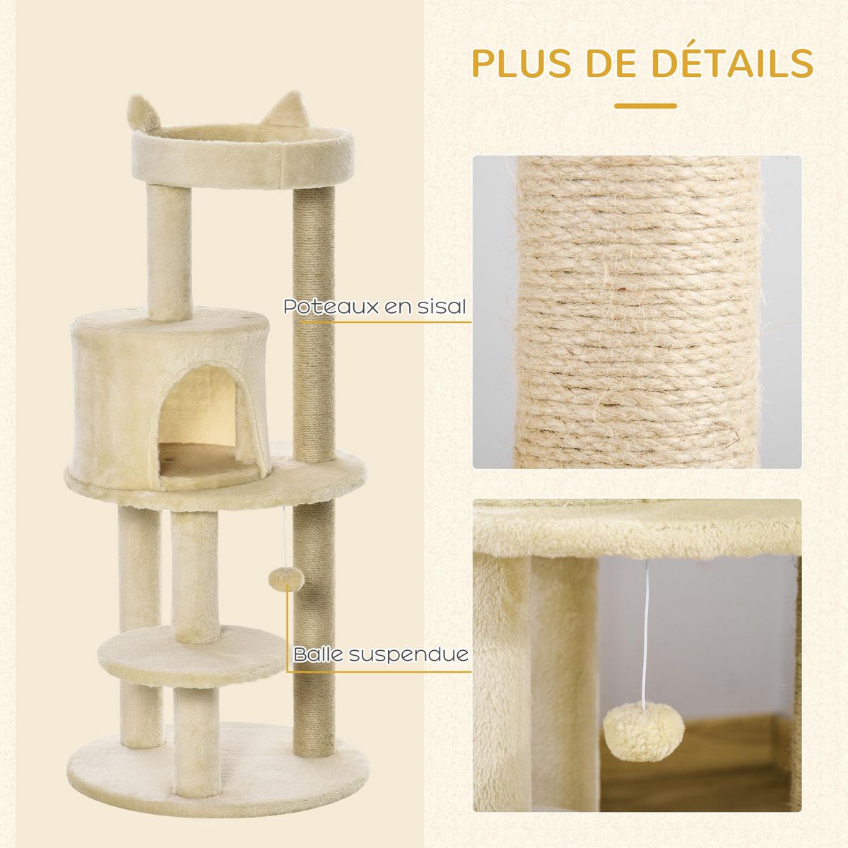 PAWHUT Arbre à chats multi-équipements griffoirs grattoirs plateformes niche jeu boule suspendue Ø 48 x 104H cm beige