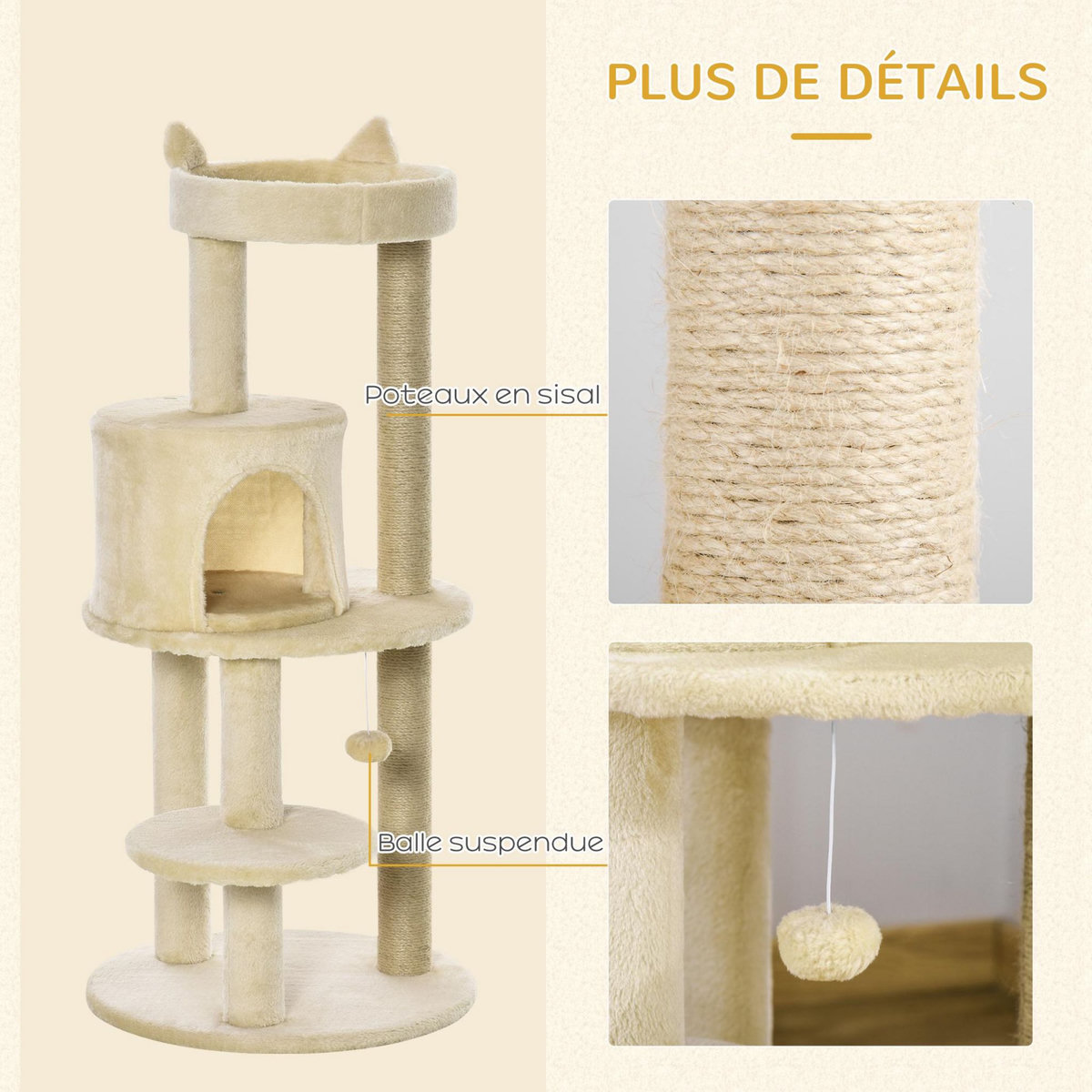 PAWHUT Arbre à chats multi-équipements griffoirs grattoirs plateformes niche jeu boule suspendue Ø 48 x 104H cm beige