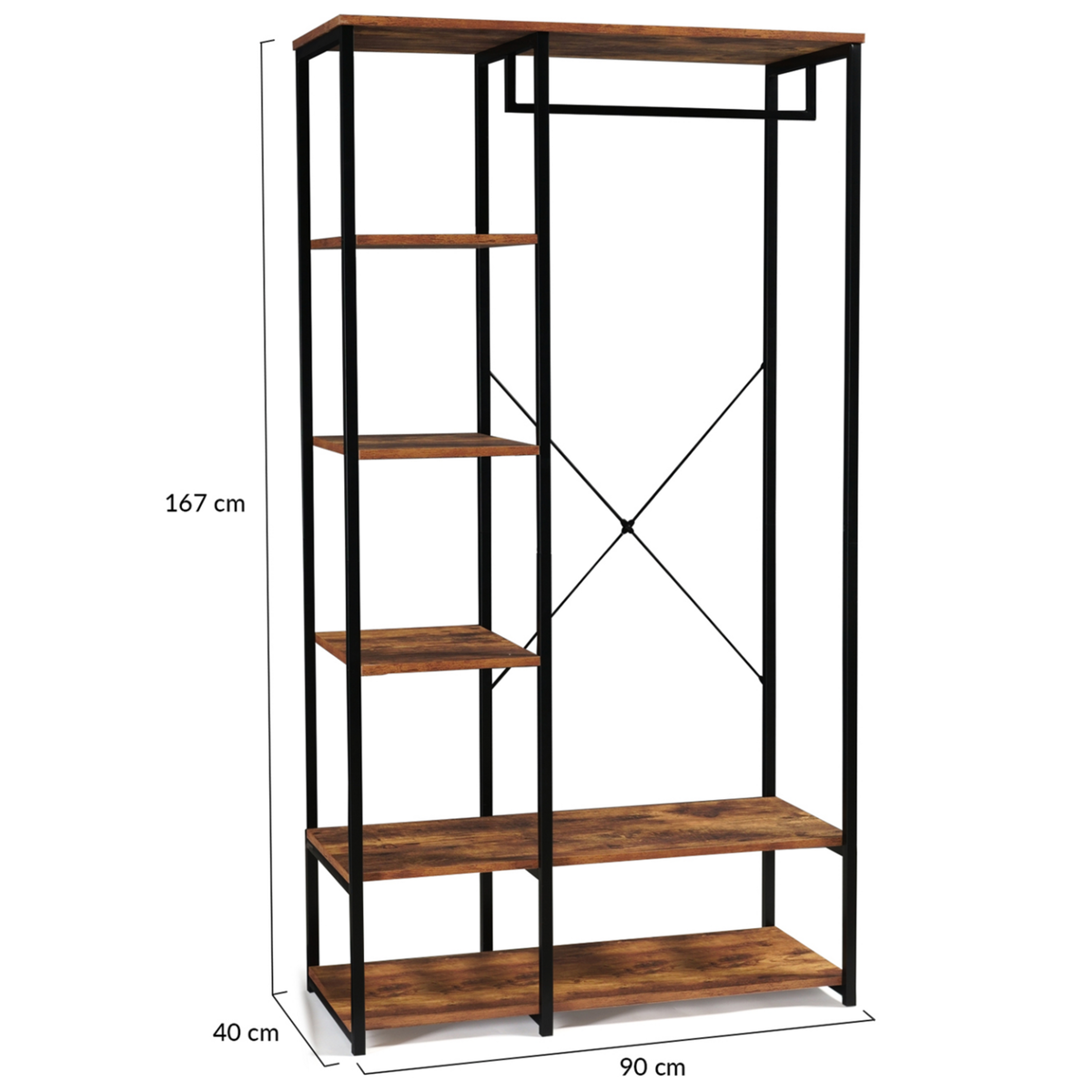 ID MARKET Dressing penderie étagères L. 90 cm HAWKINS bois foncé design industriel