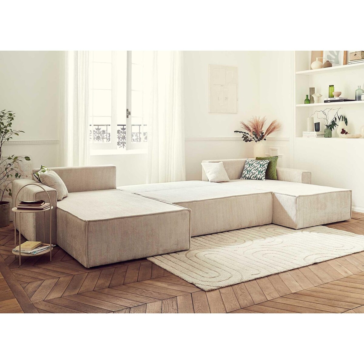 BEST MOBILIER Dellia - canapé panoramique en u - 7 places - convertible - avec coffre - en velours côtelé