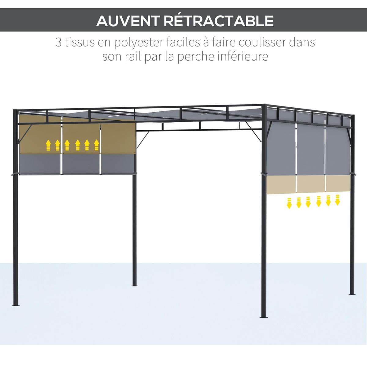 OUTSUNNY Pergola rétractable dim. 3L x 3l x 2,2H m structure acier époxy anticorrosion noir triple toile polyester haute densité gris