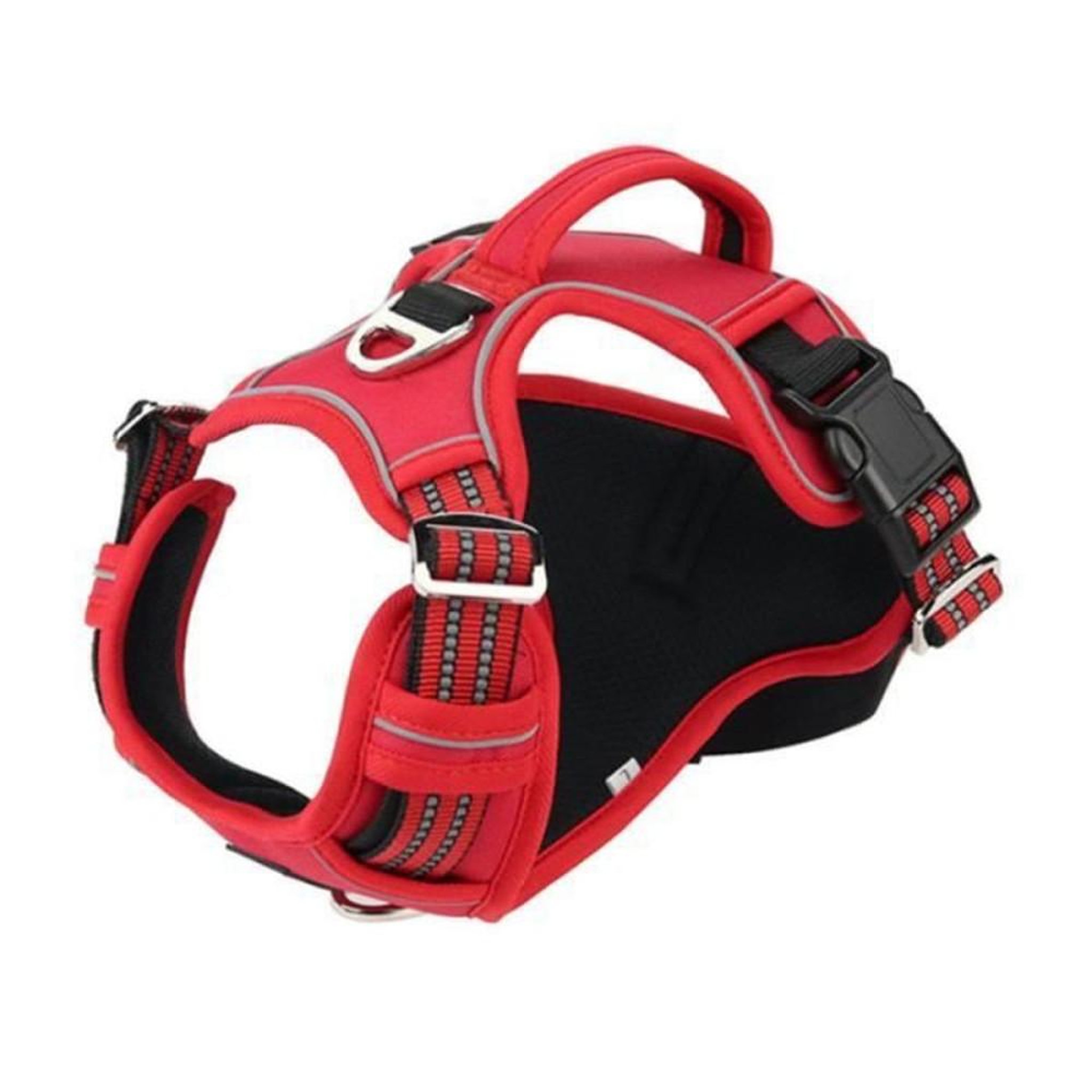 Voir la diapositive 3 : Harnais anti-traction pour chien rouge taille L, poignée de contrôle, doublure respirante et anneaux d'attache avant/arrière