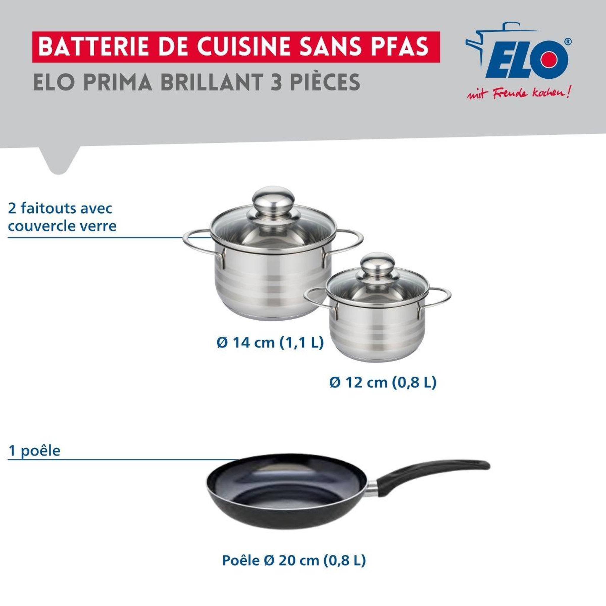 Voir la diapositive 2 : ELO Ensemble de 1 poêle de cuisson 20 cm et 2 faitouts 12 et 14 cm elo prima brillant