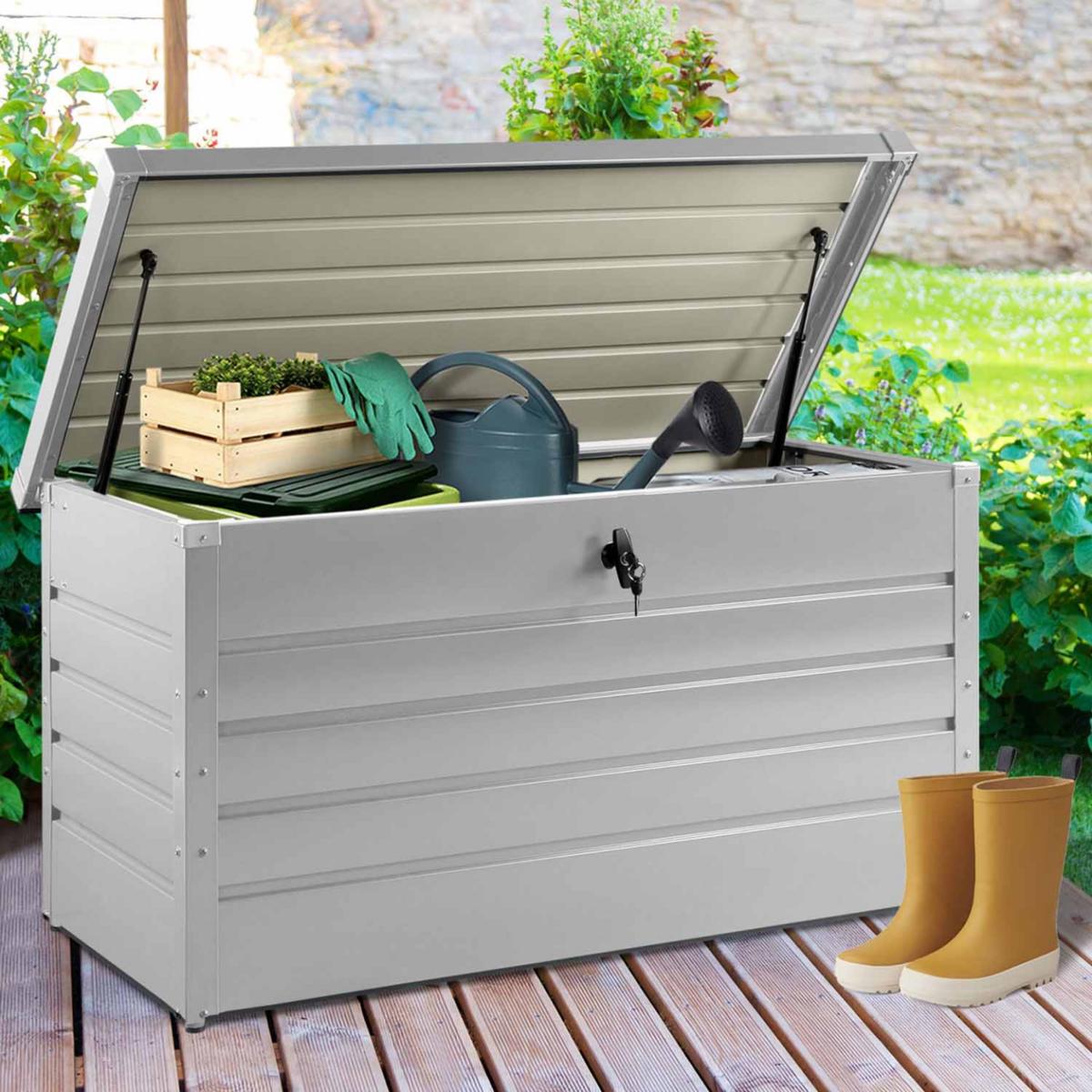ID MARKET Coffre de rangement métal verrouillable gris clair pour jardin 350L 120x62,5x63 cm
