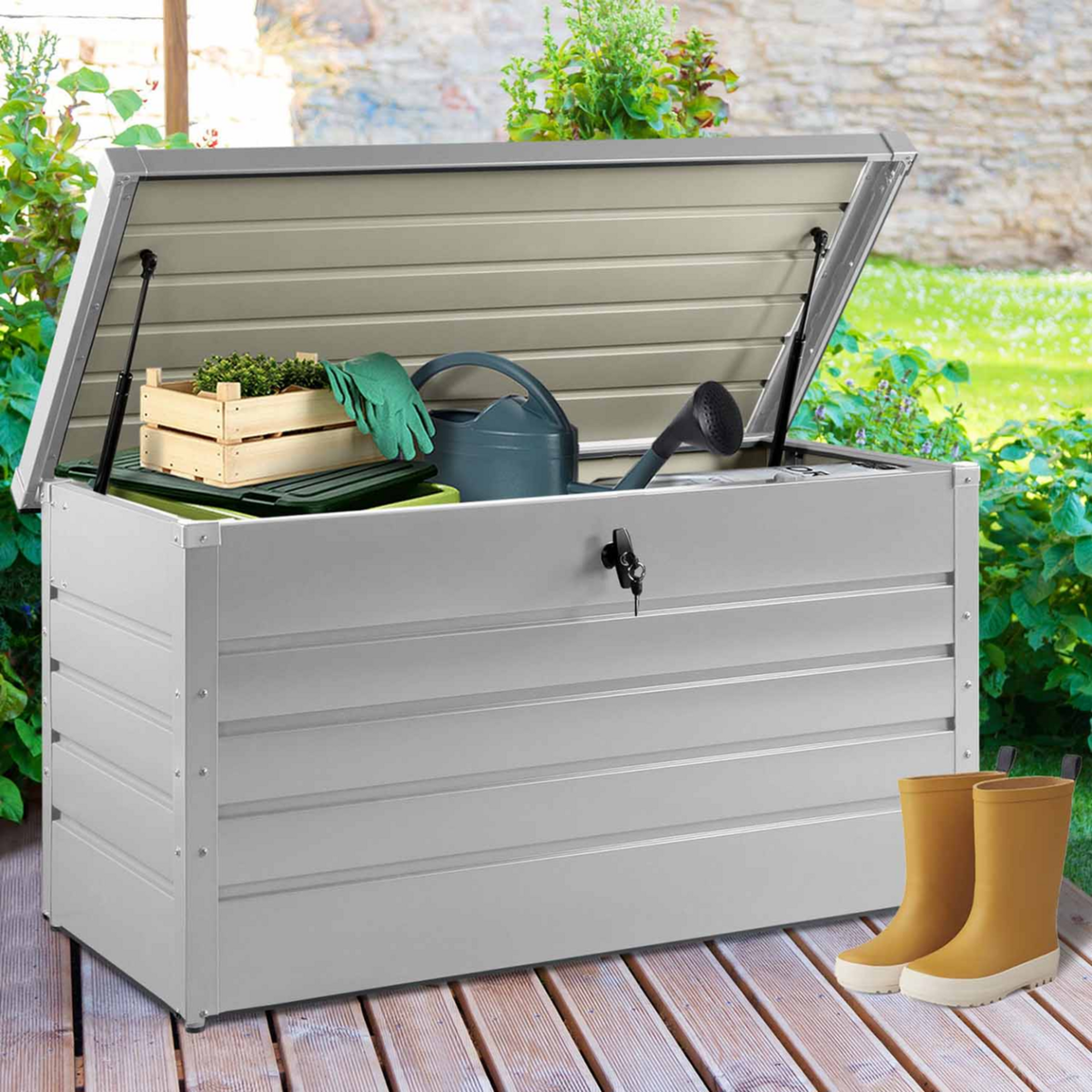 ID MARKET Coffre de rangement métal verrouillable gris clair pour jardin 350L 120x62,5x63 cm