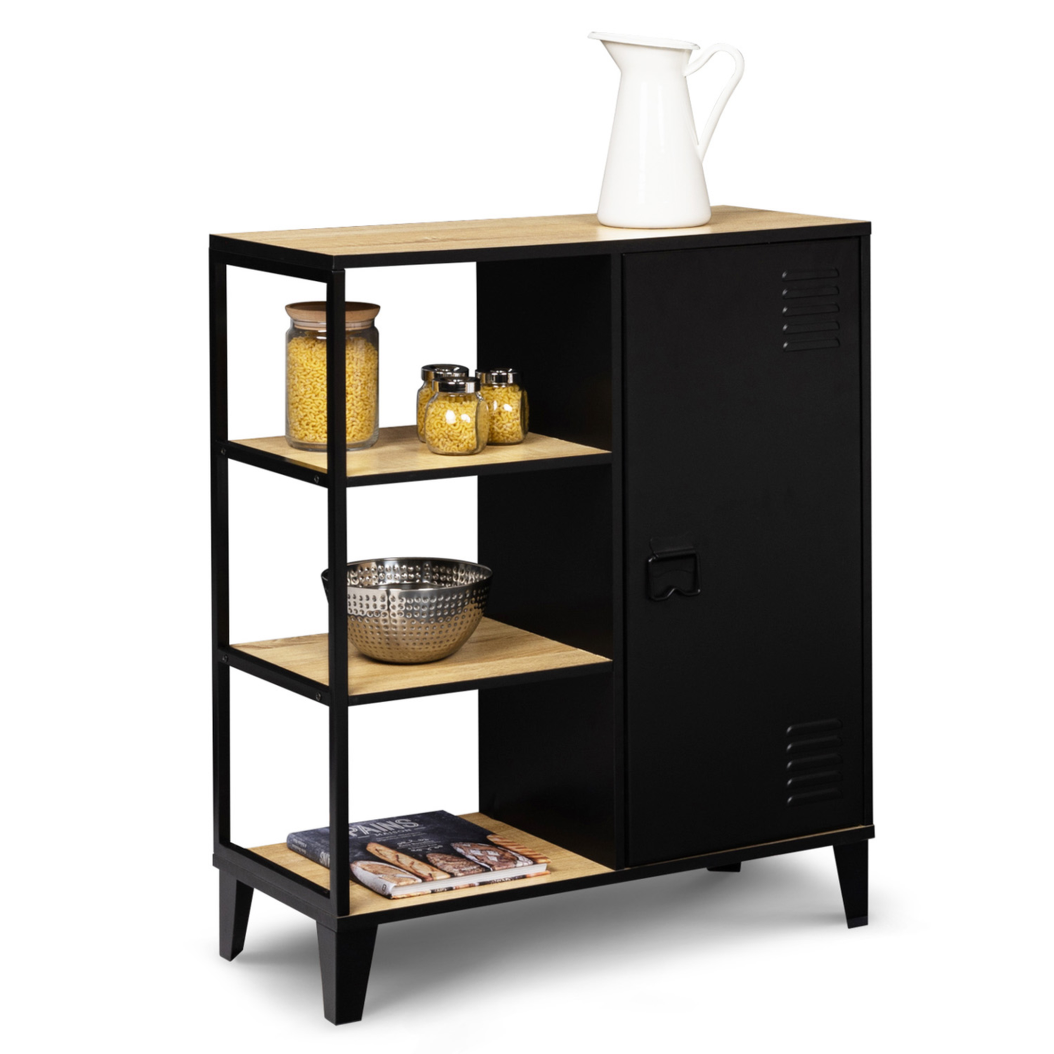 ID MARKET Buffet d'appoint 3 étagères et placard métal noir et plateau bois 70 cm ester design industriel
