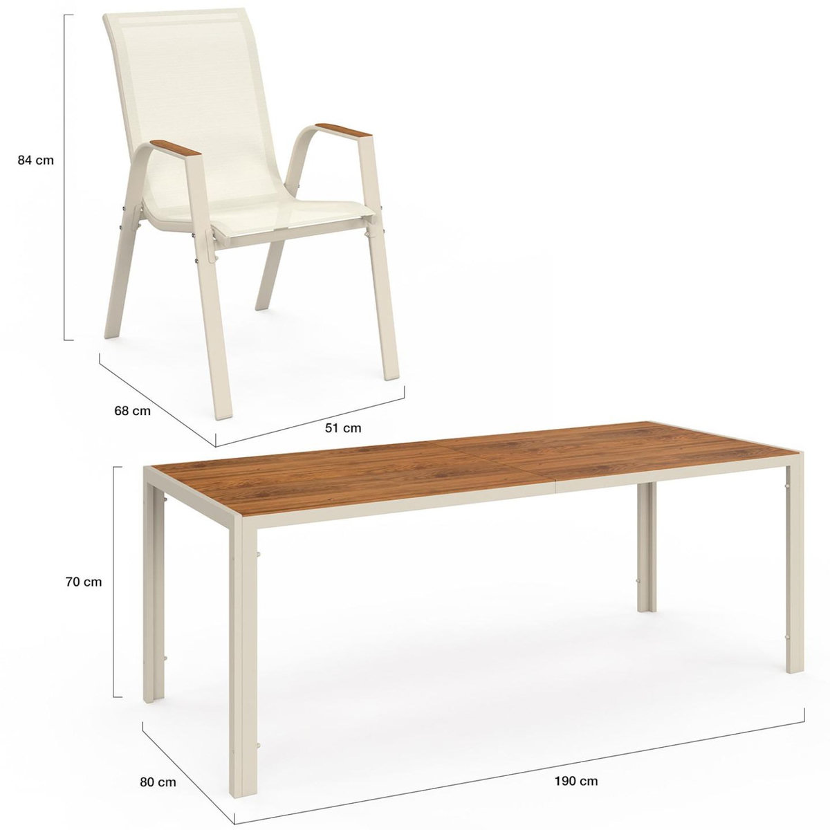 ID MARKET Salon de jardin NOUMEA table 190 cm plateau verre trempé effet bois et 8 chaises empilables beige et bois