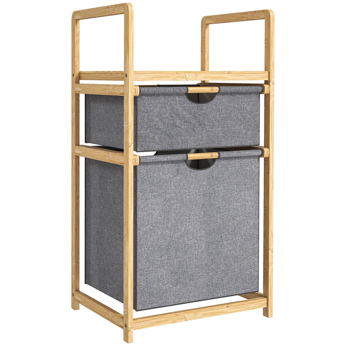 HOMCOM Panier à linge en bambou - panier à linge 2 bacs et étagère - panier à linge double - tissu gris