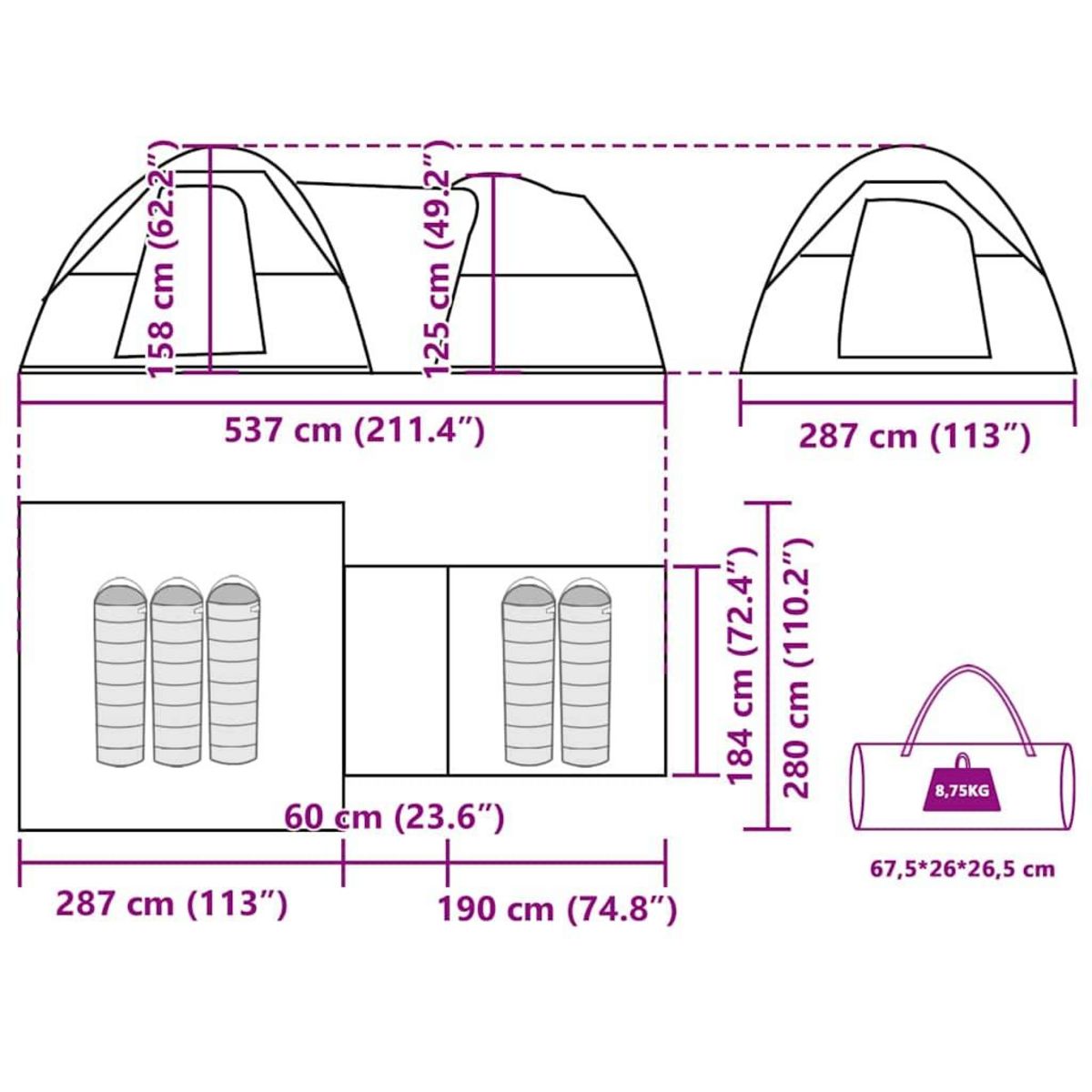 VIDAXL Tente de camping 5 personnes blanc tissu occultant impermeable