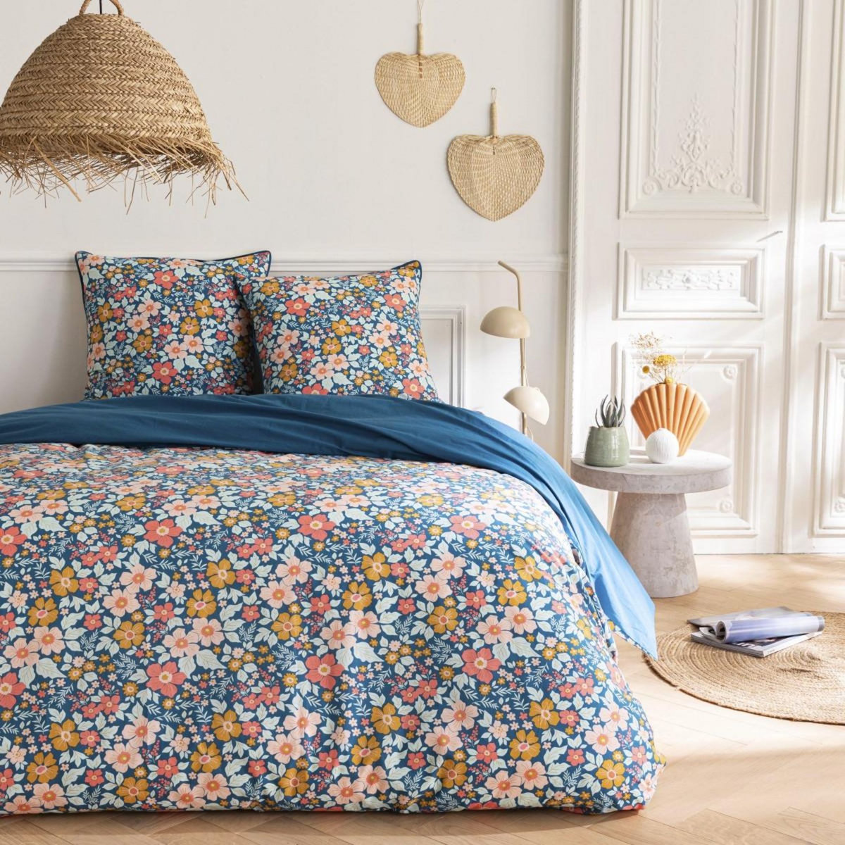 FUTURE HOME Parure de lit 2 personnes en coton 57 fils imprimé bleu