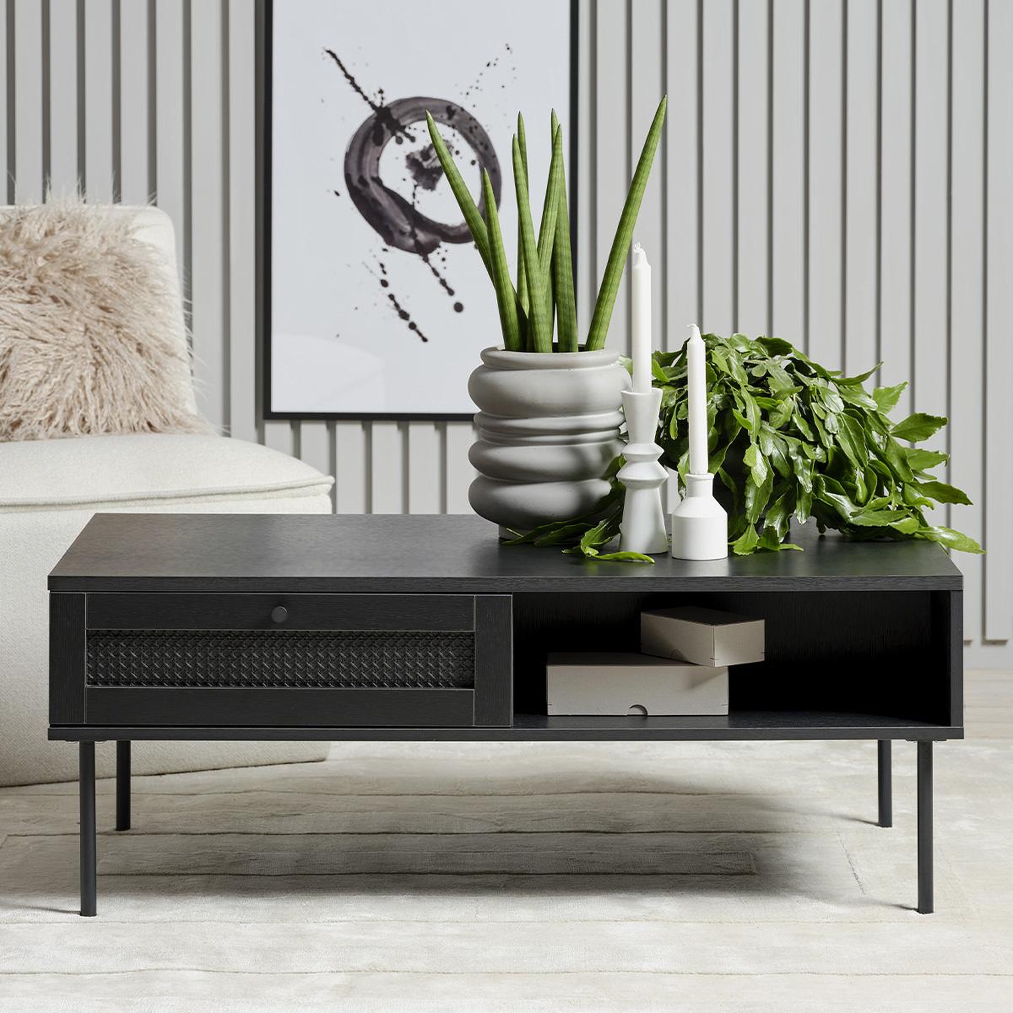 Voir la diapositive 2 : MAISON AUBERTIN Meuble tv bois et cannage manarola 110x42 cm - noir