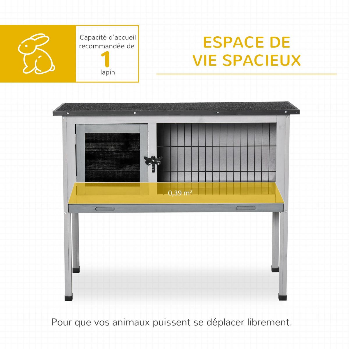 PAWHUT Clapier sur pied cage à lapin avec niche intérieure plateau excrément coulissant porte verrouillable toit ouvrant bois sapin gris