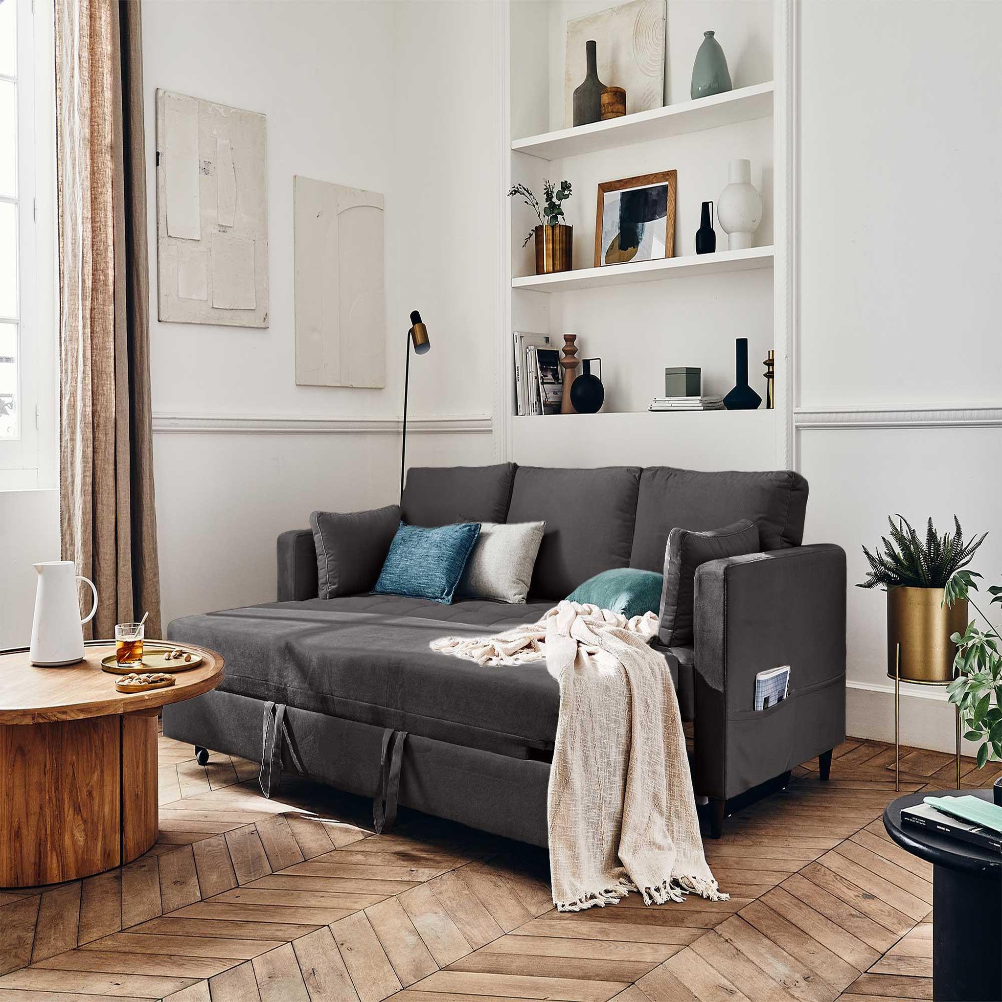 Voir la diapositive 2 : BEST MOBILIER Anna - canapé droit 3 places convertible avec poche en velours