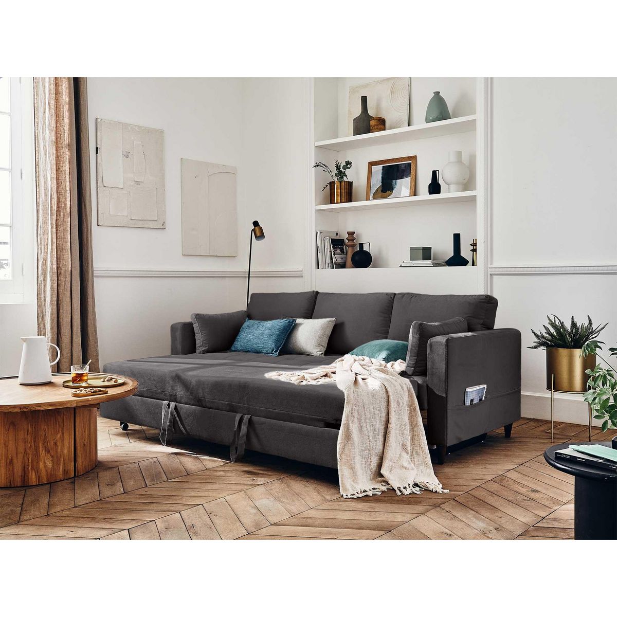 LISA DESIGN Anna - canapé droit 3 places convertible avec poche en velours