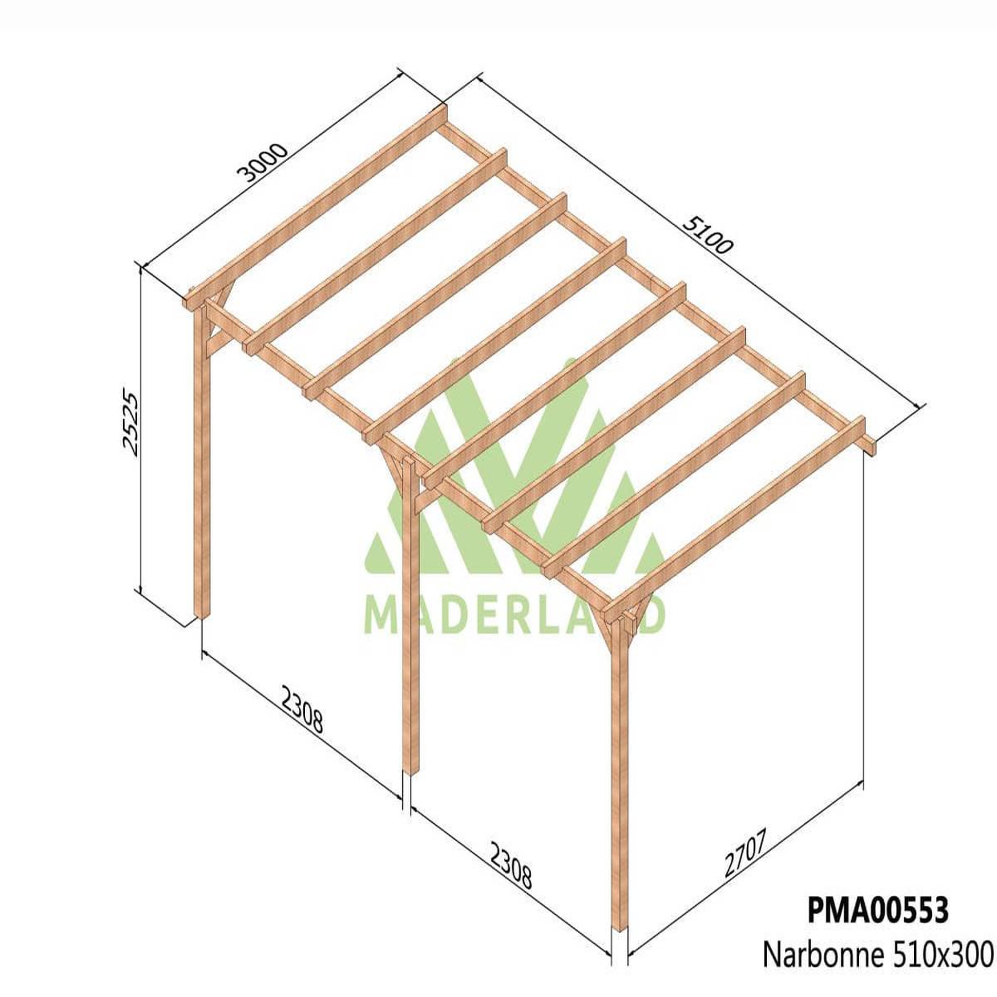 Voir la diapositive 2 : JARDIDECO Pergola adossée en bois massif narbonne 510 x 300 cm - maderland