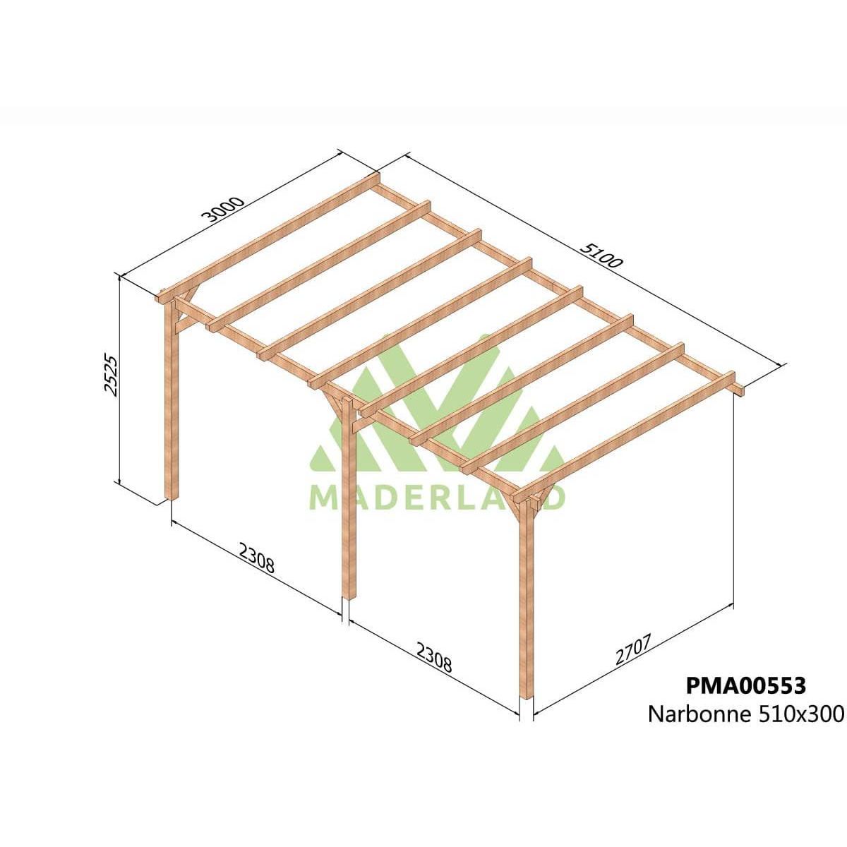JARDIDECO Pergola adossée en bois massif Narbonne 510 x 300 cm - Maderland