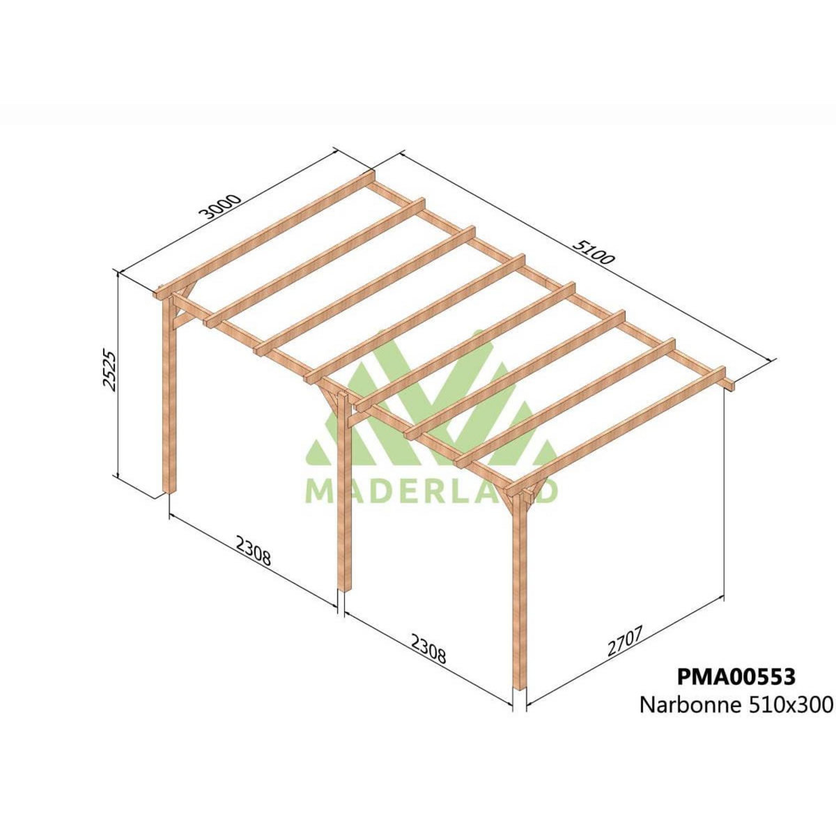 JARDIDECO Pergola adossée en bois massif Narbonne 510 x 300 cm - Maderland
