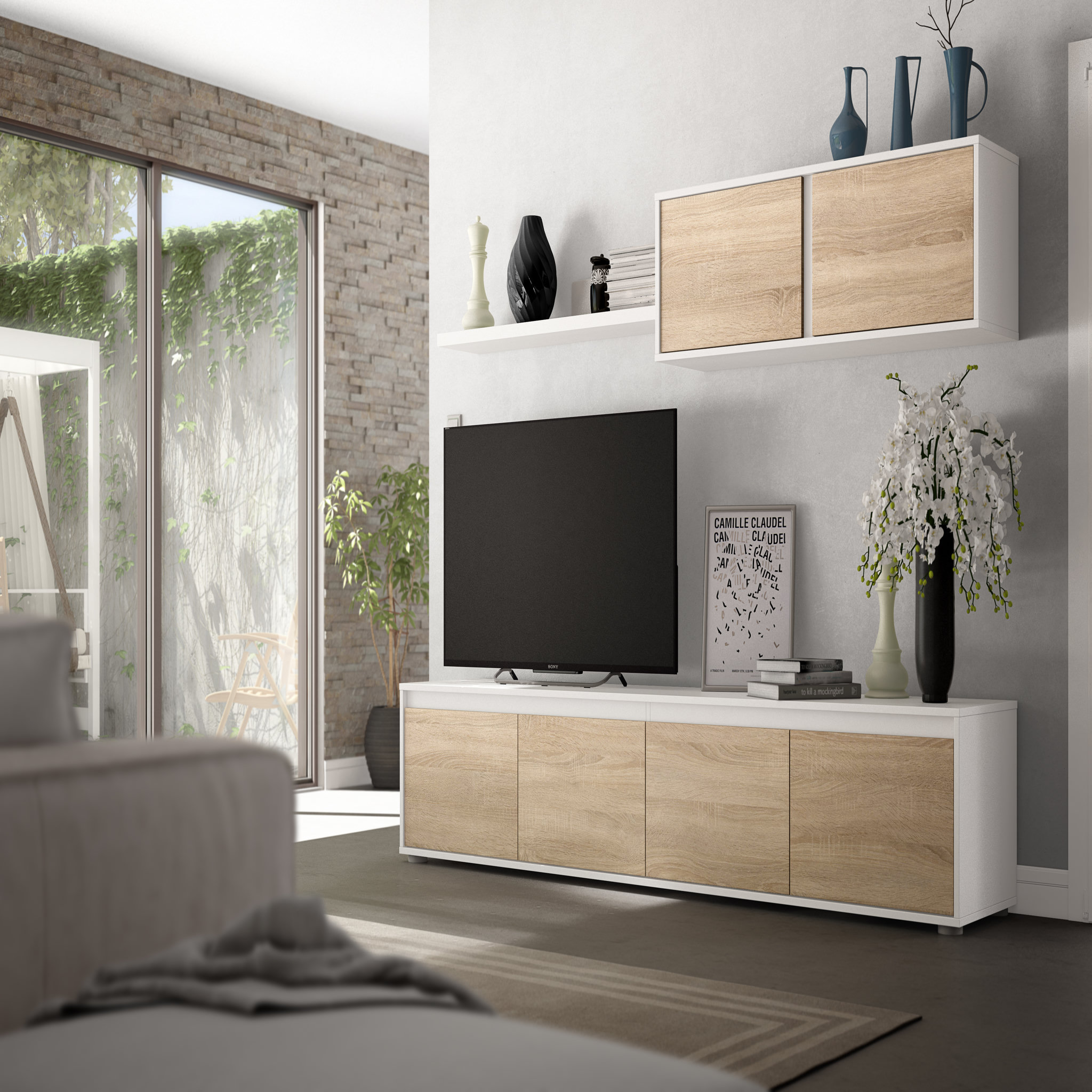 Voir la diapositive 1 : Meuble TV 4 portes avec étagère murale L200cm YOPAL