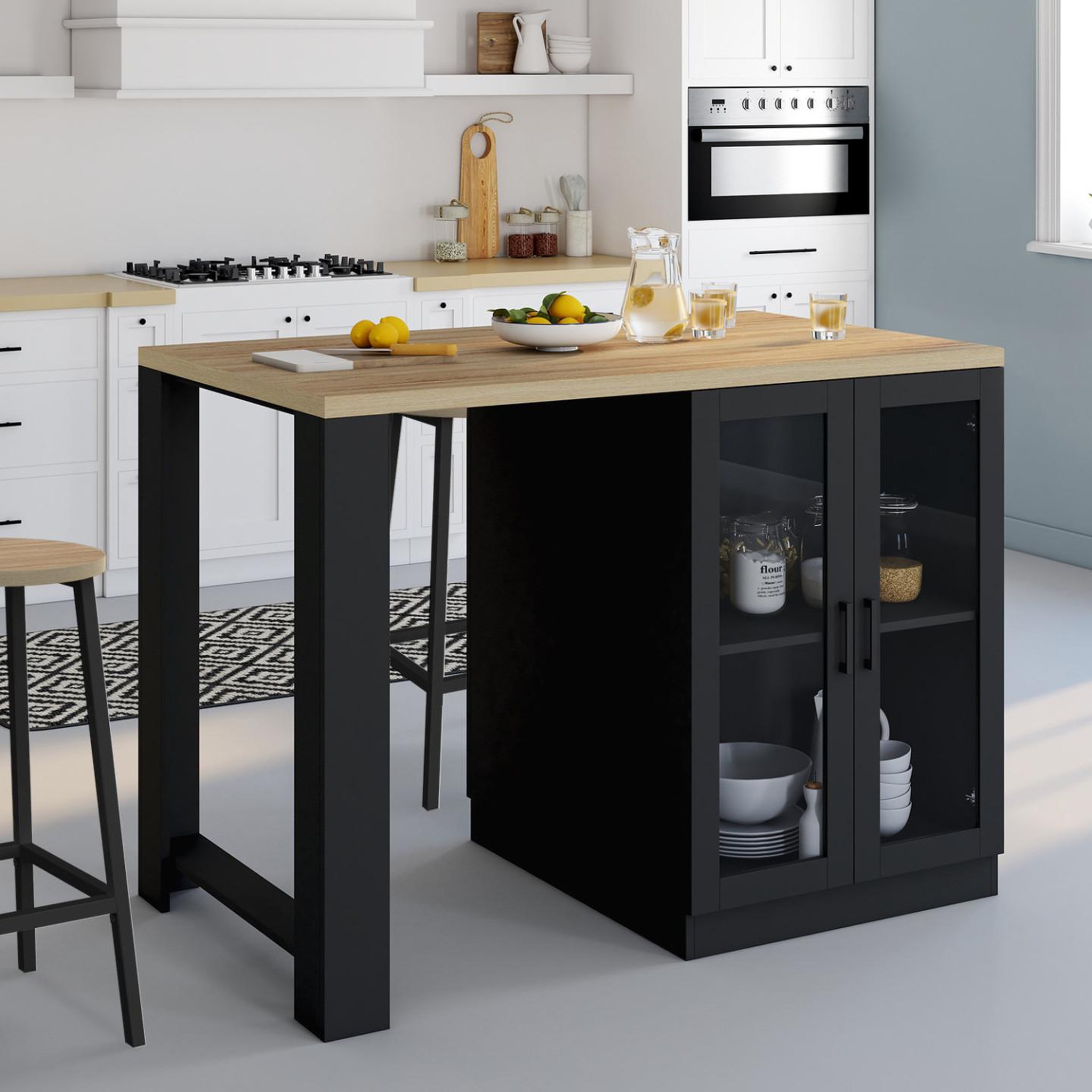 Voir la diapositive 2 : ID MARKET Ilot central lino 120 cm 2 personnes bois noir avec plan de travail façon hêtre et portes vitrées