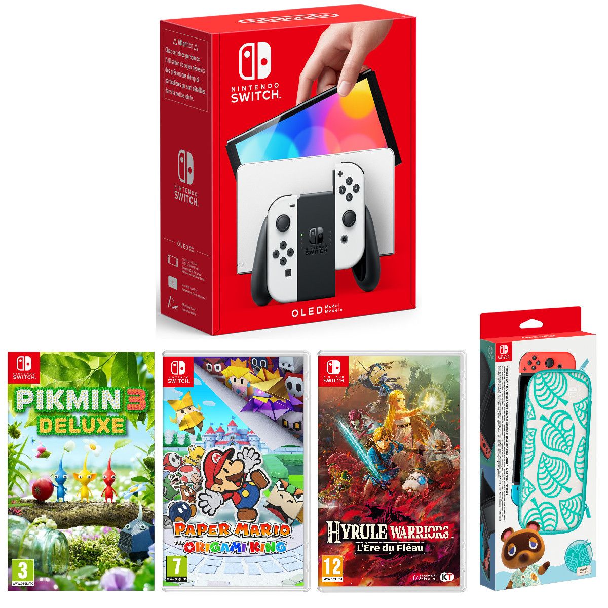 NINTENDO Console Nintendo Switch OLED Blanche + Pikmin 3 + Paper Mario: The Origami King + Hyrule Warriors: L'ère du Fléau + Pochette de transport et protection d'écran Animal Crossing Nintendo Switch