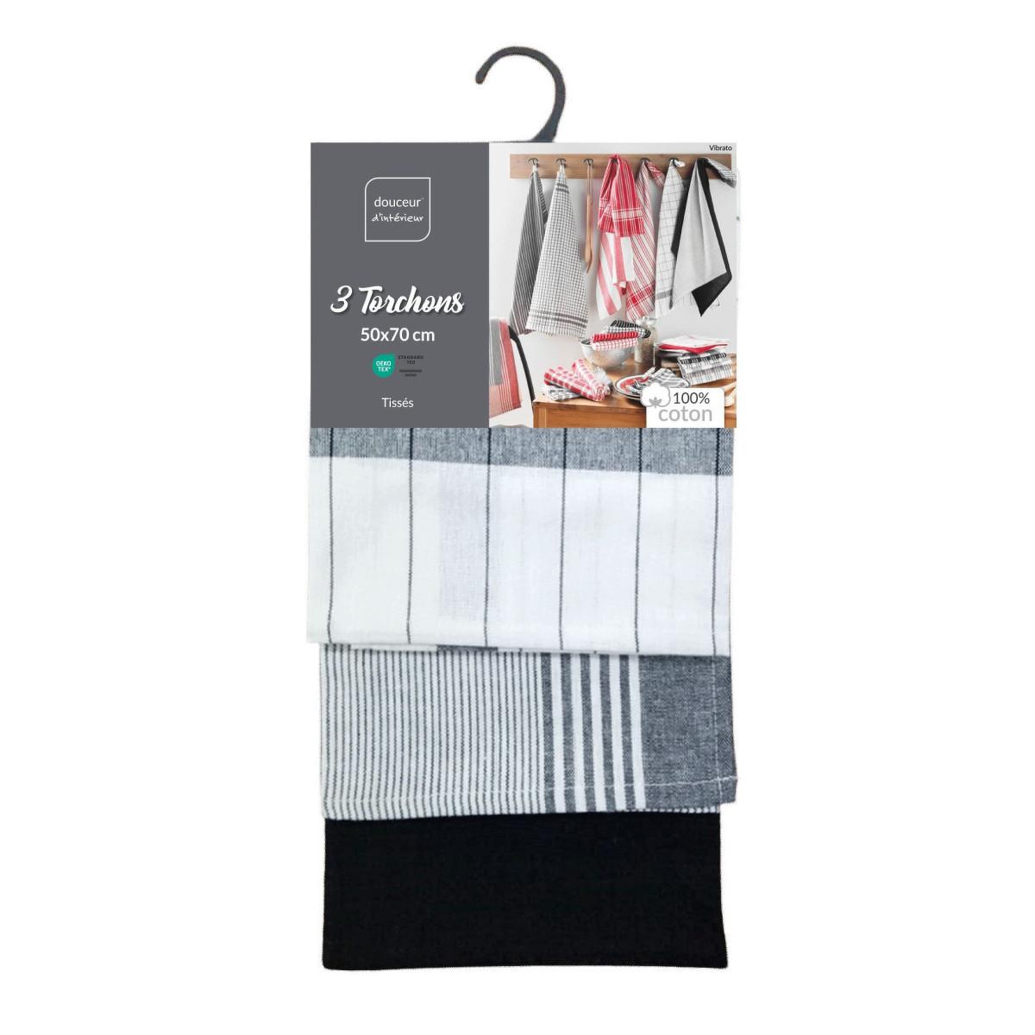 Voir la diapositive 5 : Douceur d'Intérieur Lot de 3 torchons  vibrato  50x70cm noir