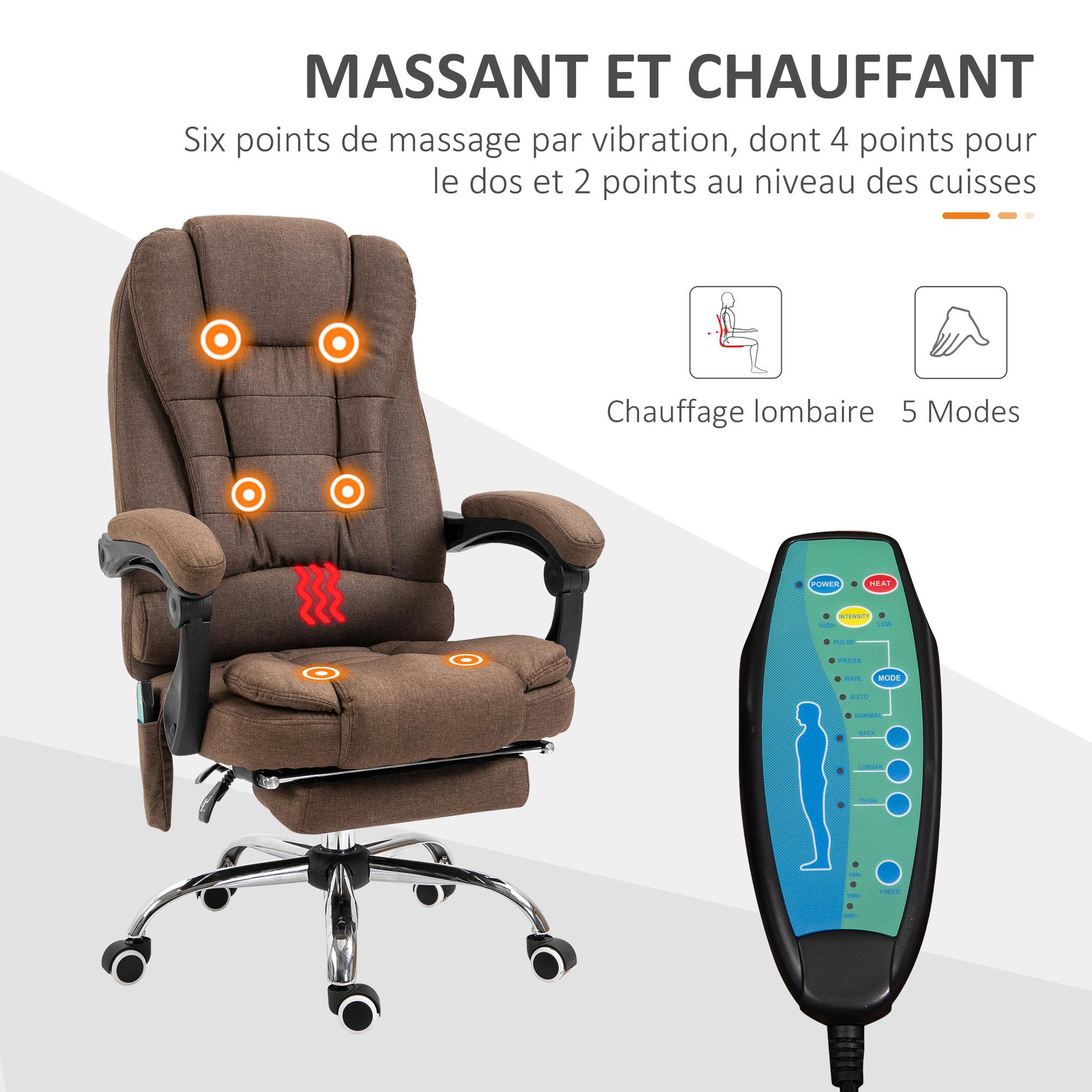 Voir la diapositive 4 : VINSETTO Fauteuil de bureau direction massant chauffant hauteur réglable dossier inclinable tissu marron